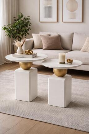 Gold Design OBLİX krem-Gold kombini ikili takım lake mobilya sehpa, zigon 55-...