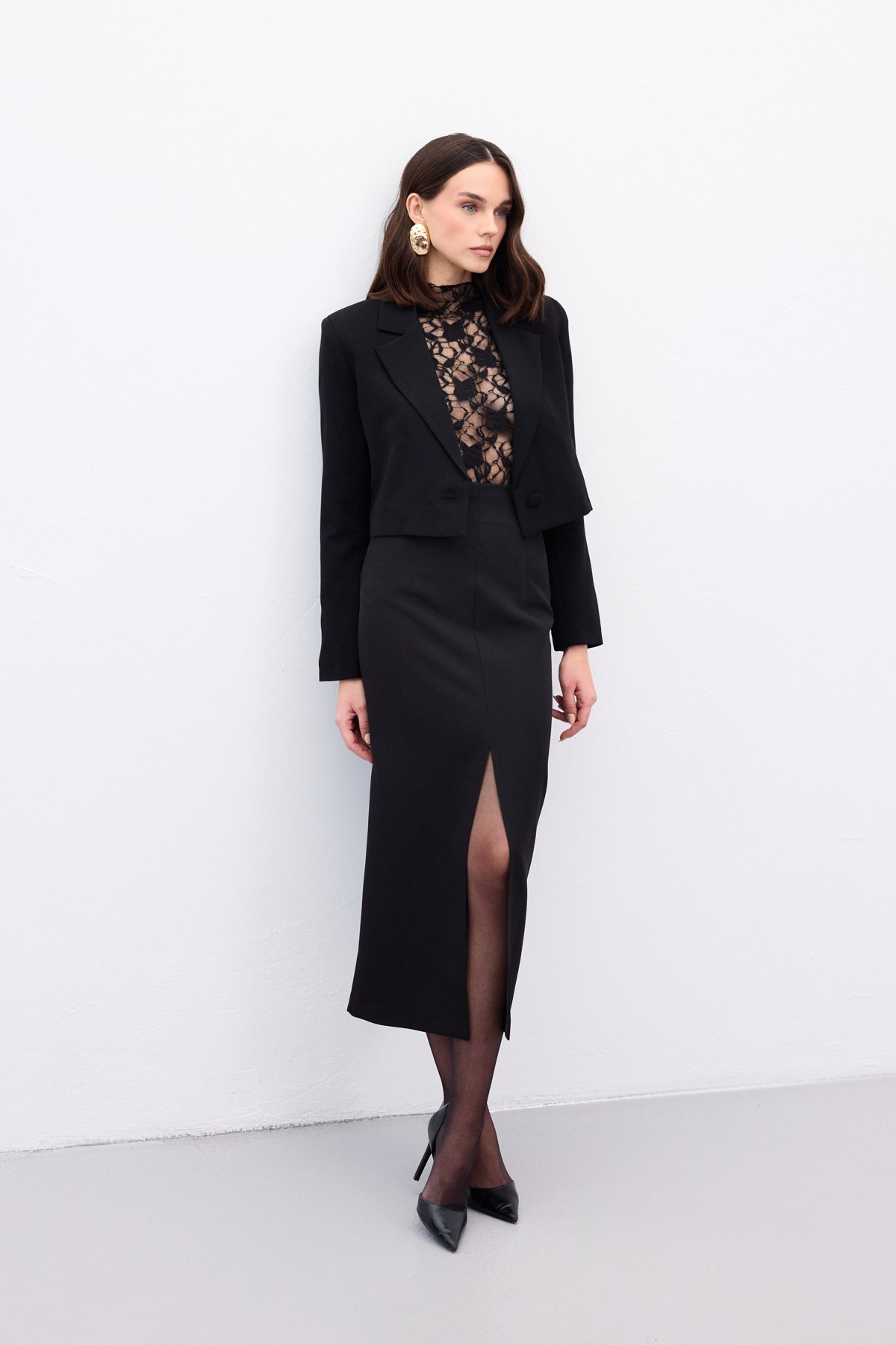 Sateen  Yırtmaçlı Midi Etek - Siyah - Görsel 6