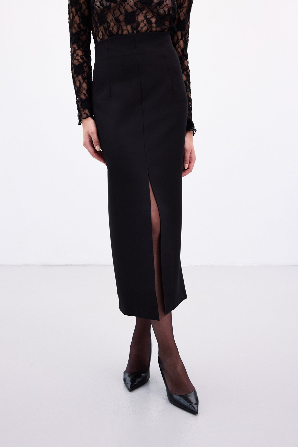 Sateen  Yırtmaçlı Midi Etek - Siyah - Görsel 7