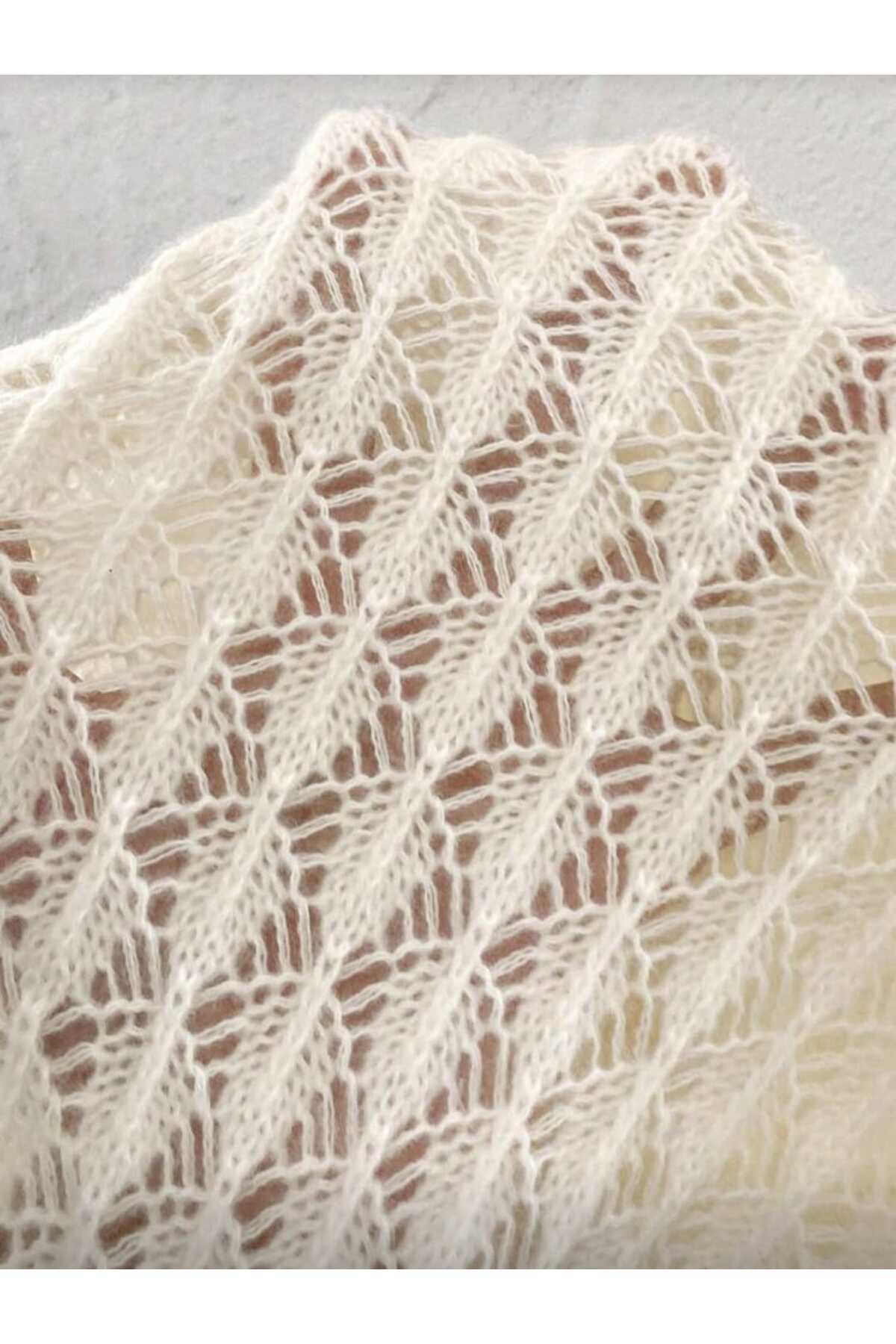 Gülçin Coşkun  Ajurlu Uzun Kol Yaka Detaylı Düğmeli Sepet Desen %100 Pamuk Kadın Triko Hırka - Görsel 7