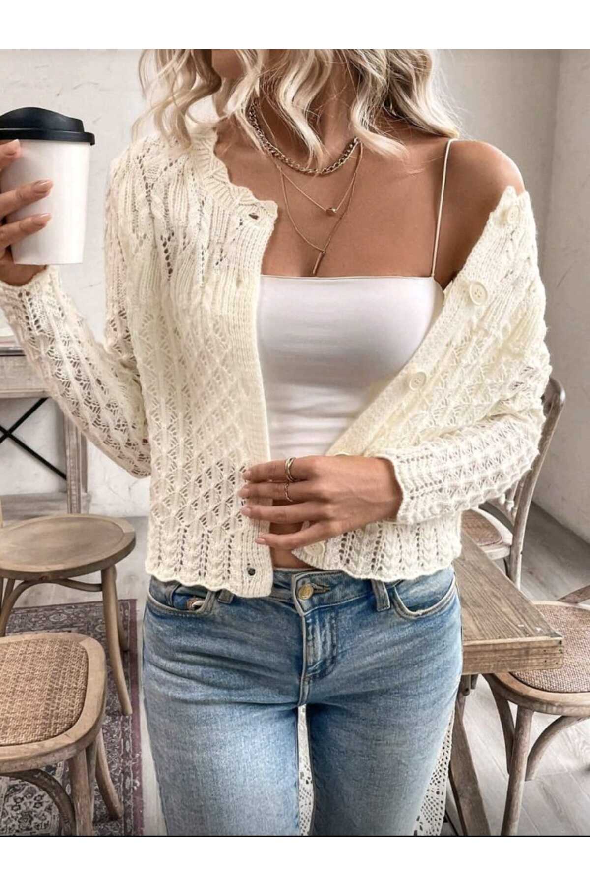 Gülçin Coşkun  Ajurlu Uzun Kol Yaka Detaylı Düğmeli Sepet Desen %100 Pamuk Kadın Triko Hırka - Görsel 5