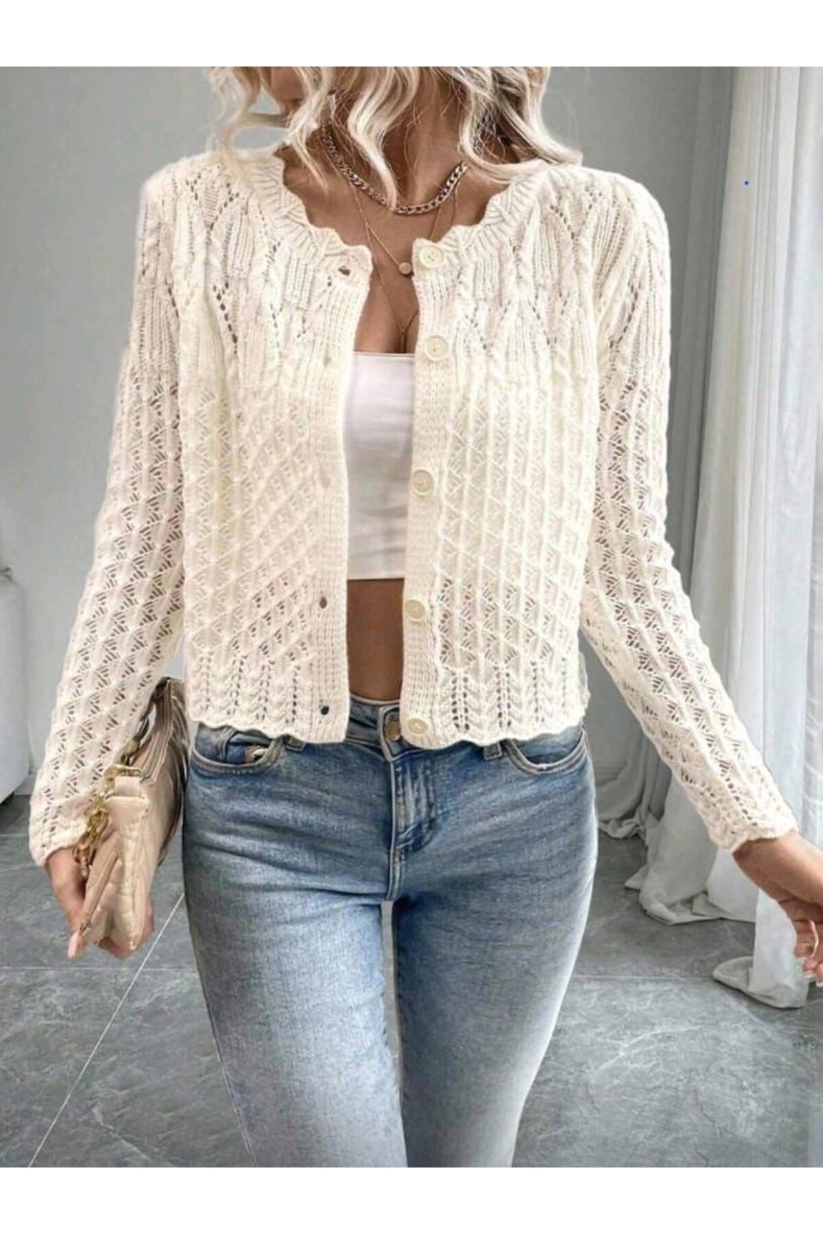 Gülçin Coşkun  Ajurlu Uzun Kol Yaka Detaylı Düğmeli Sepet Desen %100 Pamuk Kadın Triko Hırka