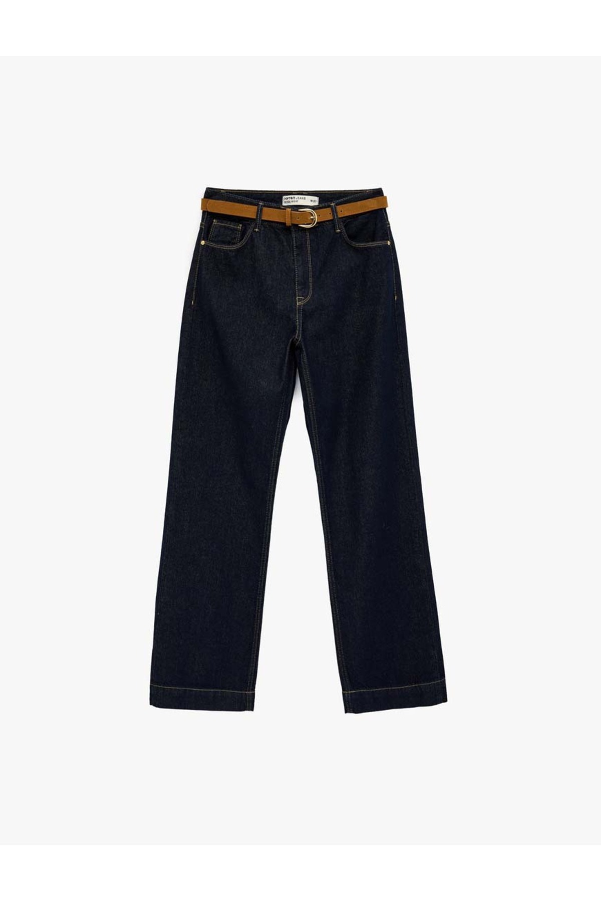 Regular Waist Cotton Belted Straight Leg Denim Trousers - Straight Fit Jean