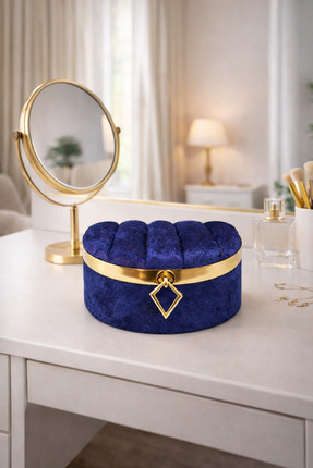 EL-MAR HOME Lacivert Kadife Gold Detaylı Oval Takı Kutusu-Sandık