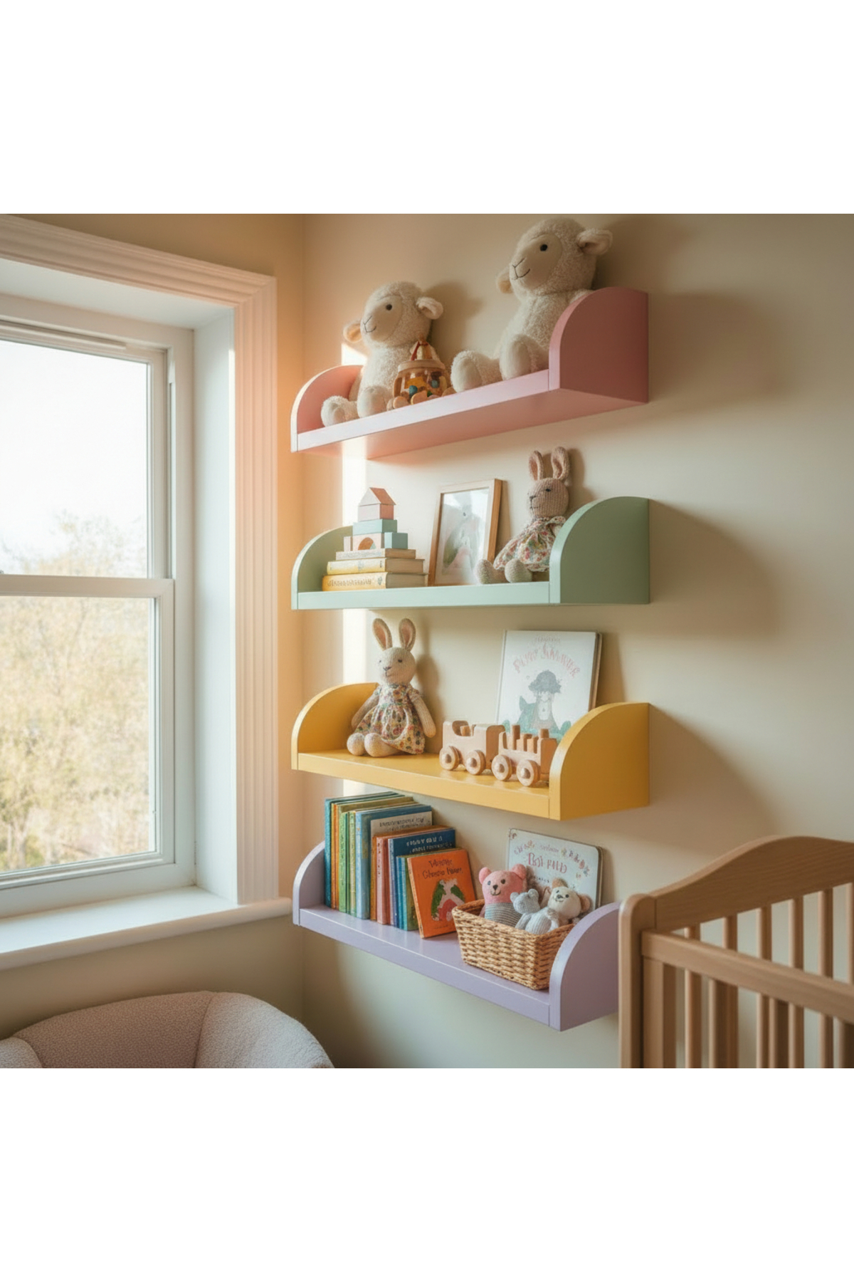 WoodArtDesign Pastel Renkli Çocuk Odası Duvar Rafı – Oyuncak ve Kitap Rafı (Montessori Stil) 4'lü set fotoğrafı 2 (önizleme)