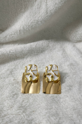 NO BRAND Gold Detaylı Beyaz Modern Geometrik Küpe