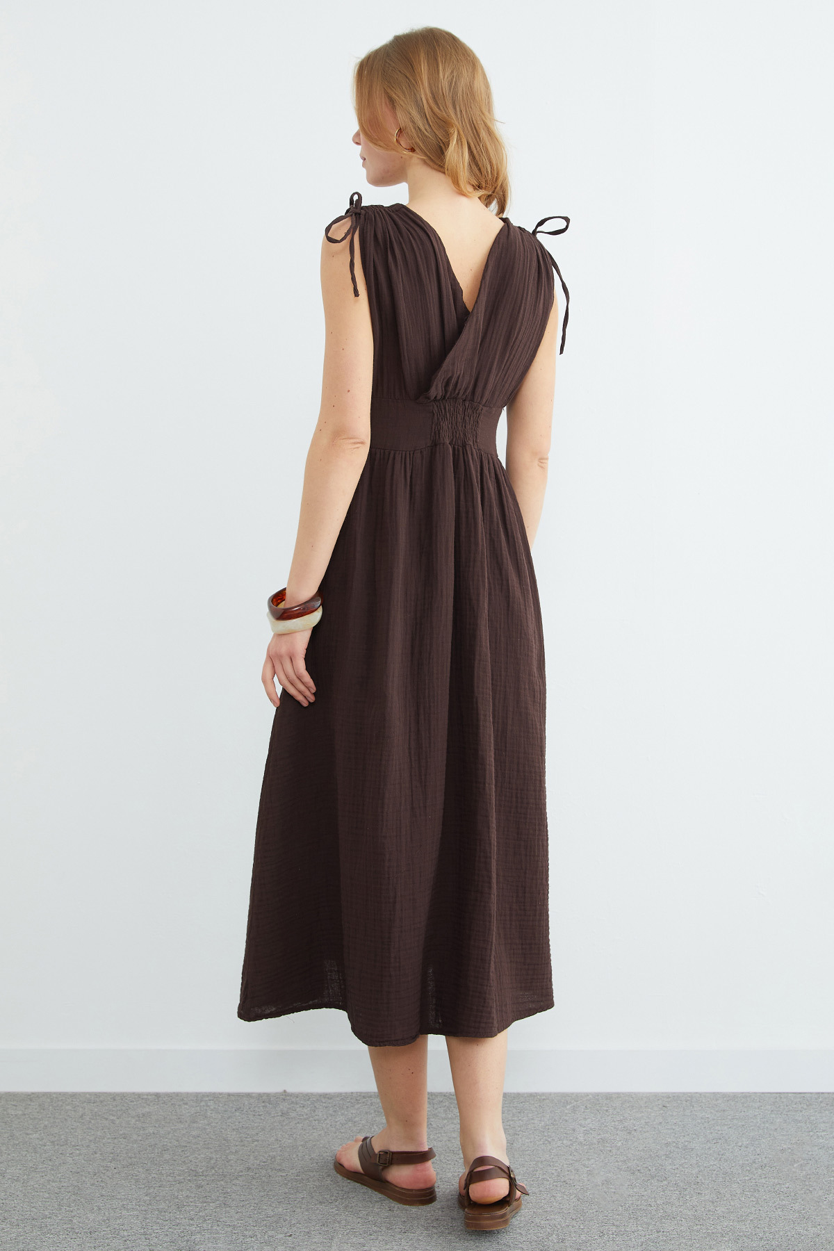 Fullamoda  Omuz Bağcıklı Düğmeli Müslin Elbise - Görsel 7