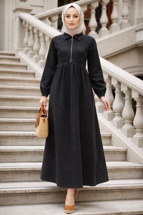 N.S NEVA STYLE Cep Detaylı Siyah Tesettür Kot Elbise 19152S