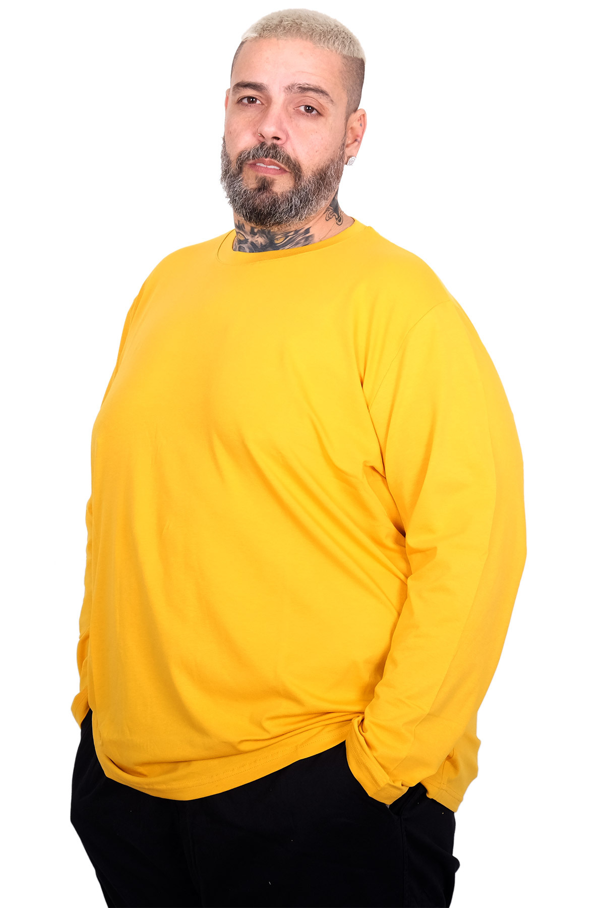 ModeXL Mode XL Büyük Beden Erkek Uzun Kollu Bisiklet Yaka T-Shirt 20102 HARDAL görsel 3