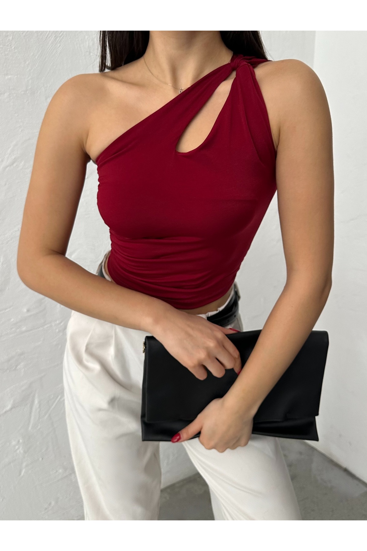 Women's Burgundy Shoulder Twisted Crop Blouse