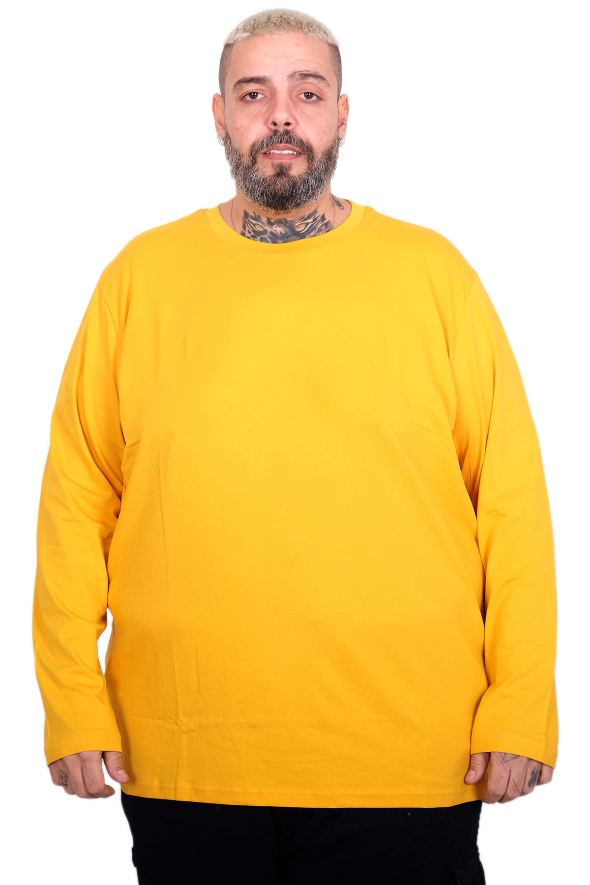 ModeXL Mode XL Büyük Beden Erkek Uzun Kollu Bisiklet Yaka T-Shirt 20102 HARDAL