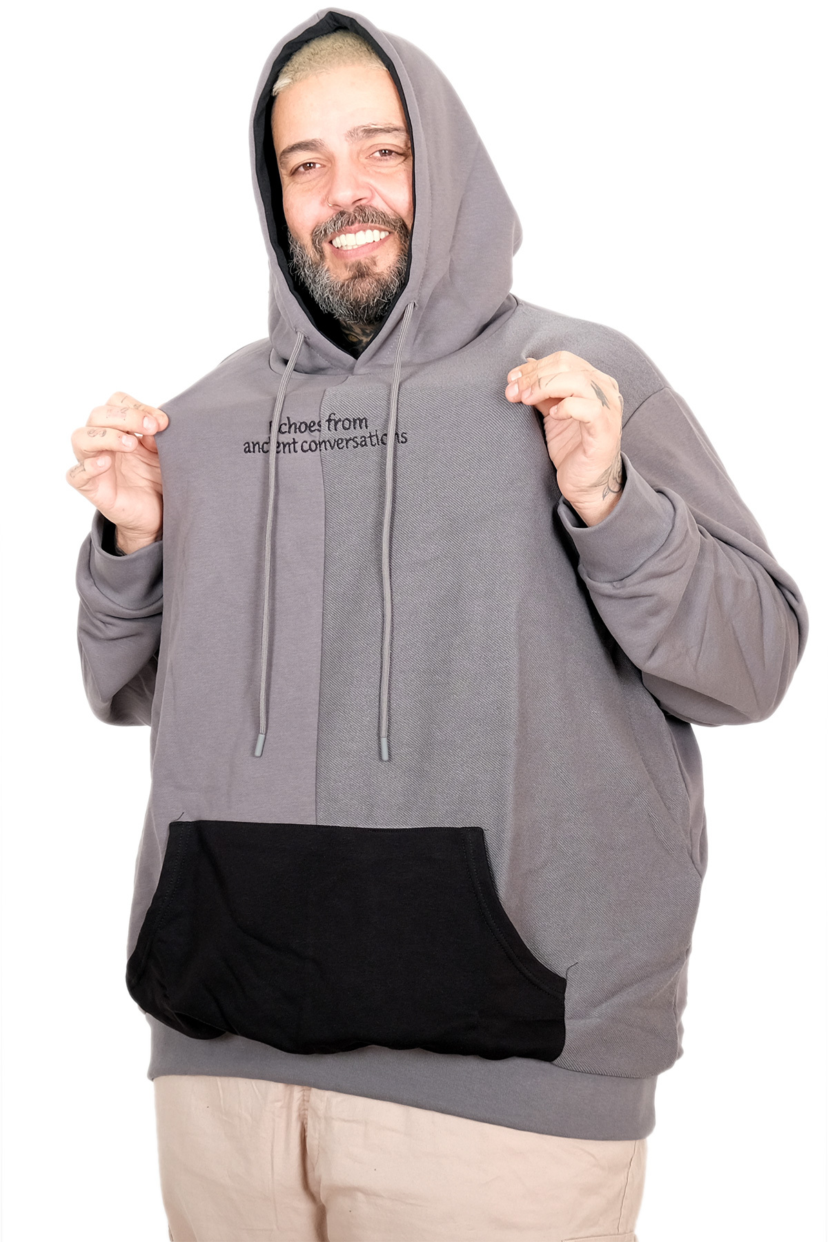 ModeXL Mode XL Büyük Beden Erkek Kapüşonlu Parçalı Sweatshirt U25813 FUME görsel 4