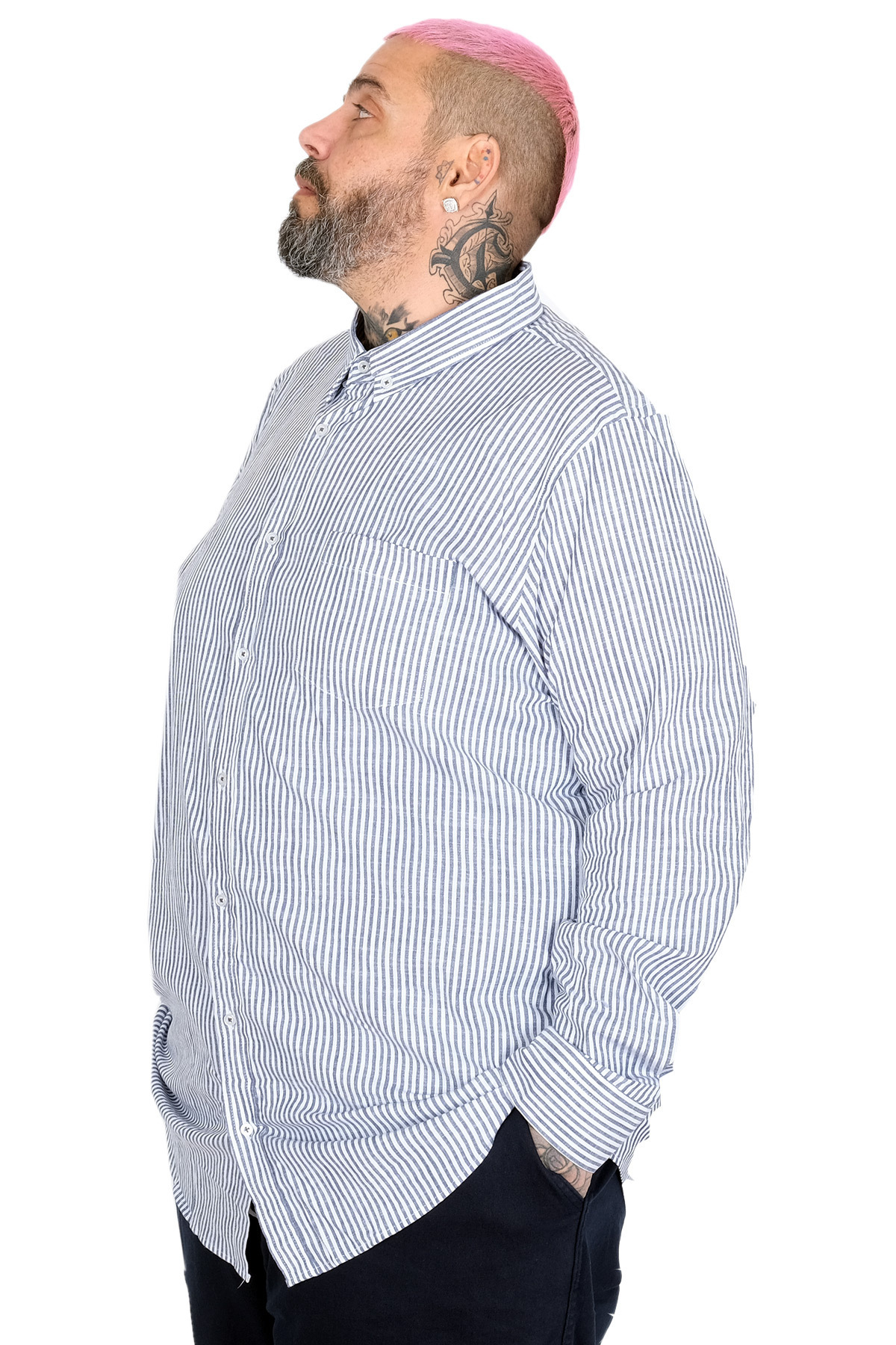 ModeXL Mode XL Büyük Beden EKSTRA UZUN BOY Keten Likralı Gömlek 20384 LACİVERT görsel 2