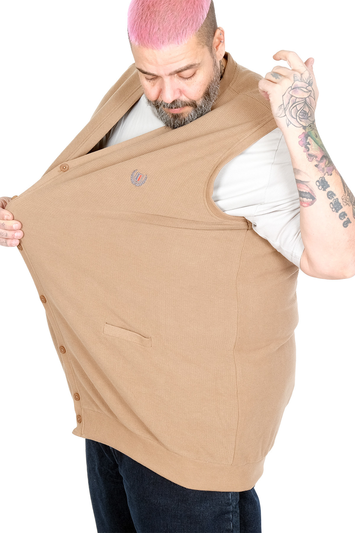 ModeXL Mode XL Büyük Beden Erkek Düğmeli Selanik Yelek 20545 SUTLU KAHVE görsel 4