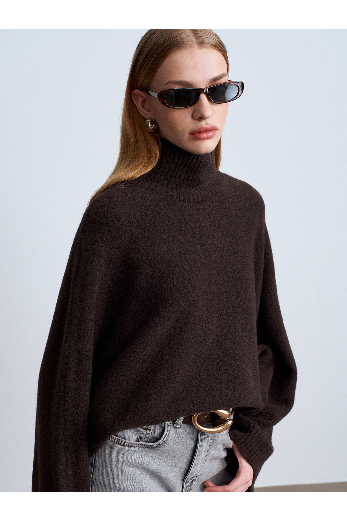 Dilvin  10817 Yün Karışımlı Yarasa Kol Kazak-Koyu Kahve - Görsel 3