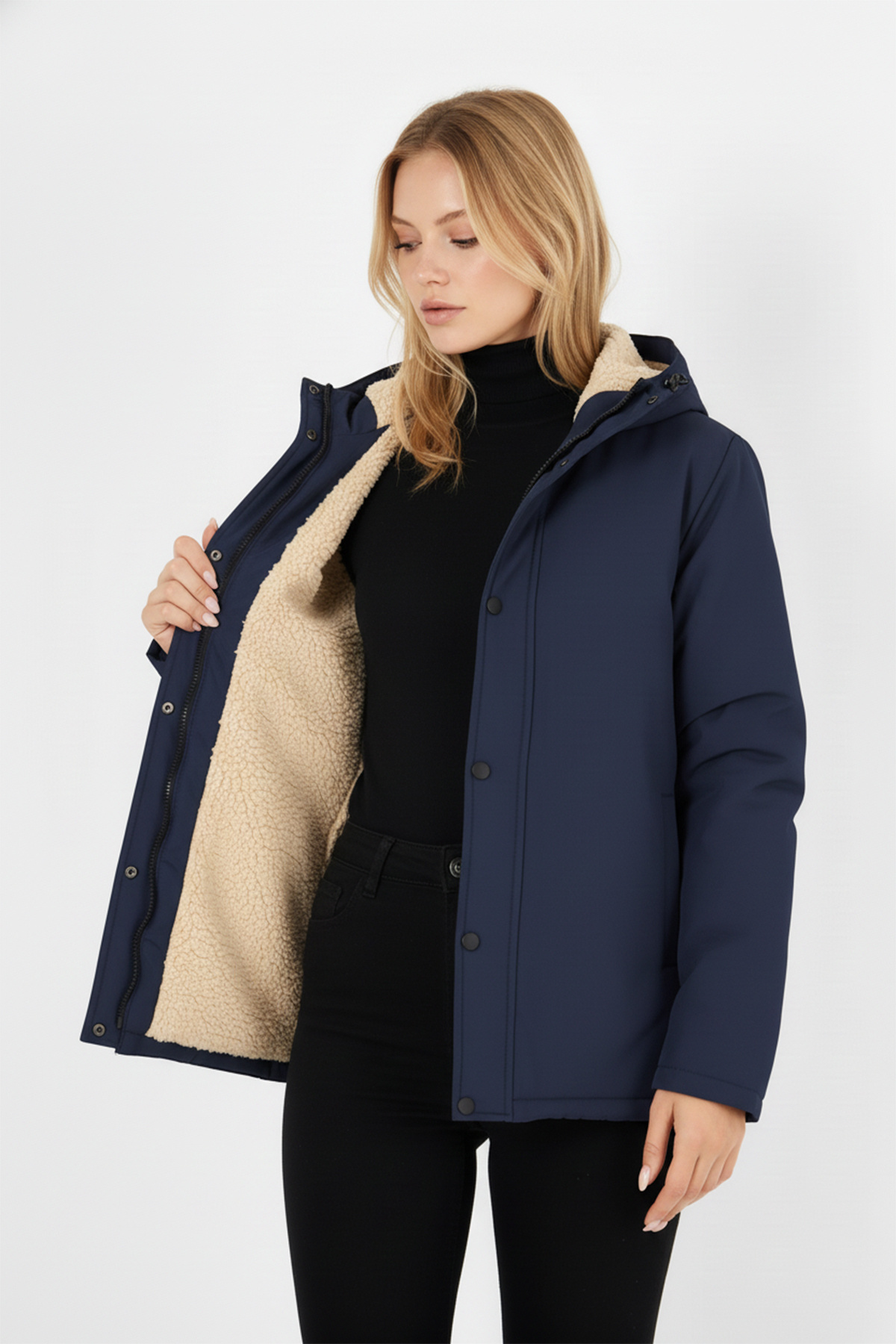 QAWWA  Kadın İçi Kürklü Su ve Rüzgar Geçirmez Kapüşonlu Parka & Mont & Kaban - Görsel 2