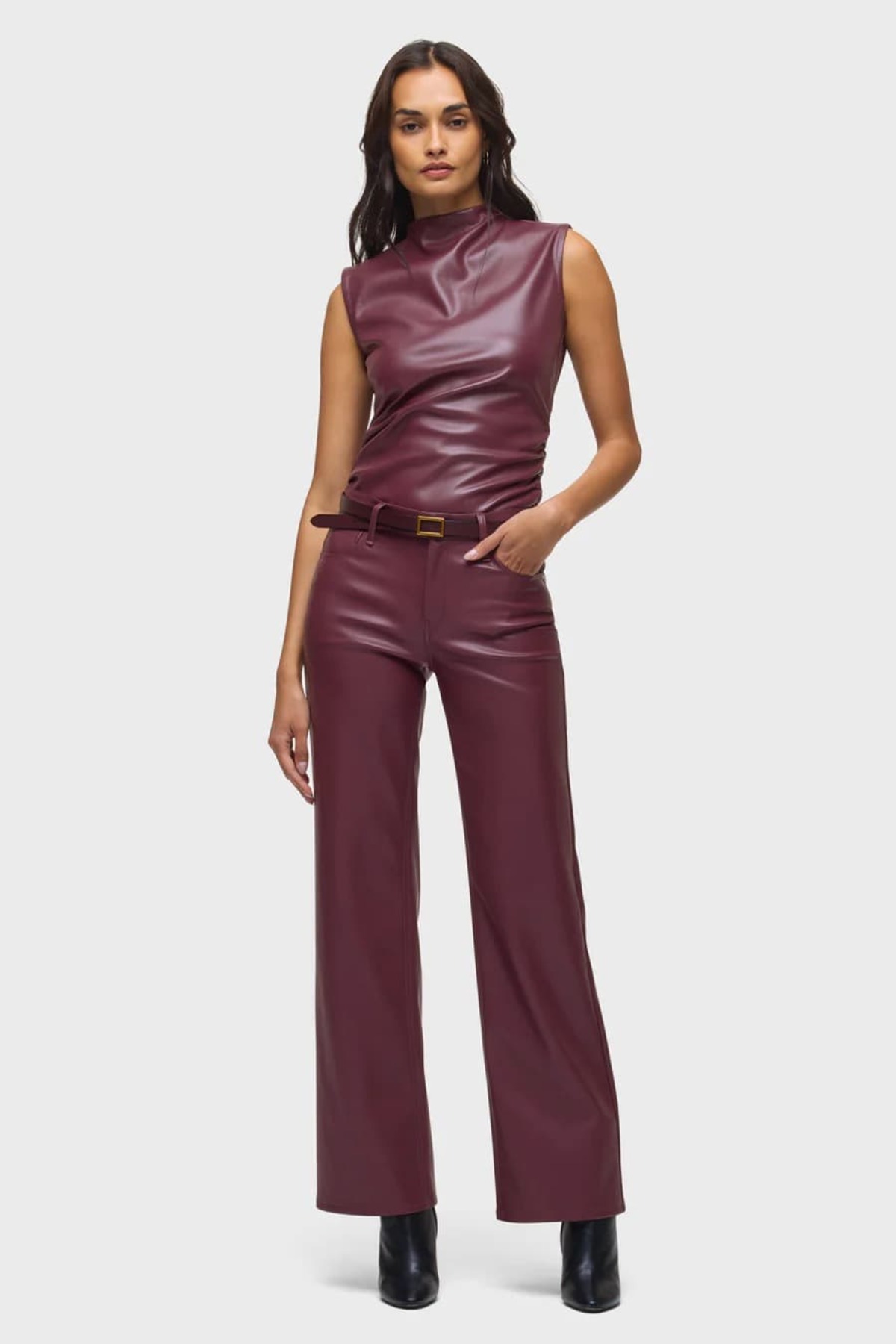 lidyasara  Yüksek Bel Geniş Paça Deri Pantolon - Görsel 2