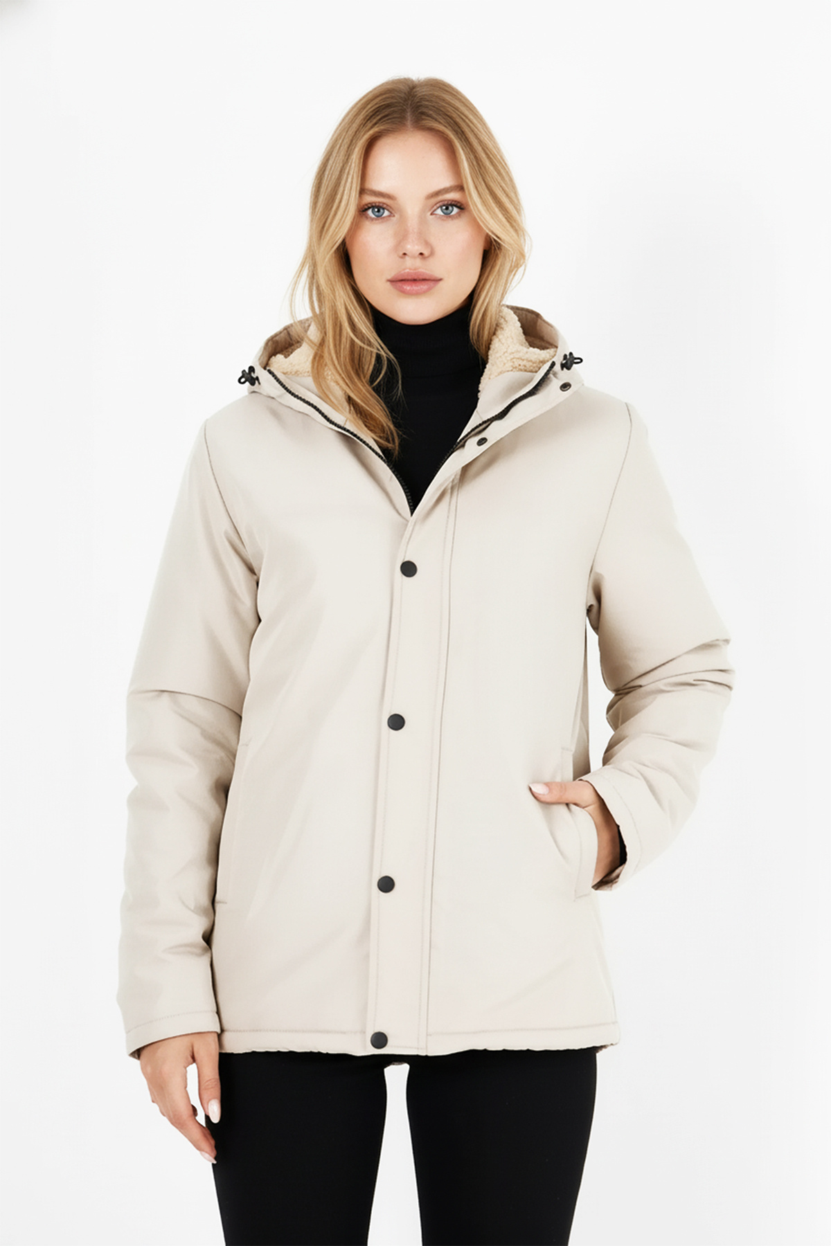 QAWWA  Kadın İçi Kürklü Su ve Rüzgar Geçirmez Kapüşonlu Parka & Mont & Kaban