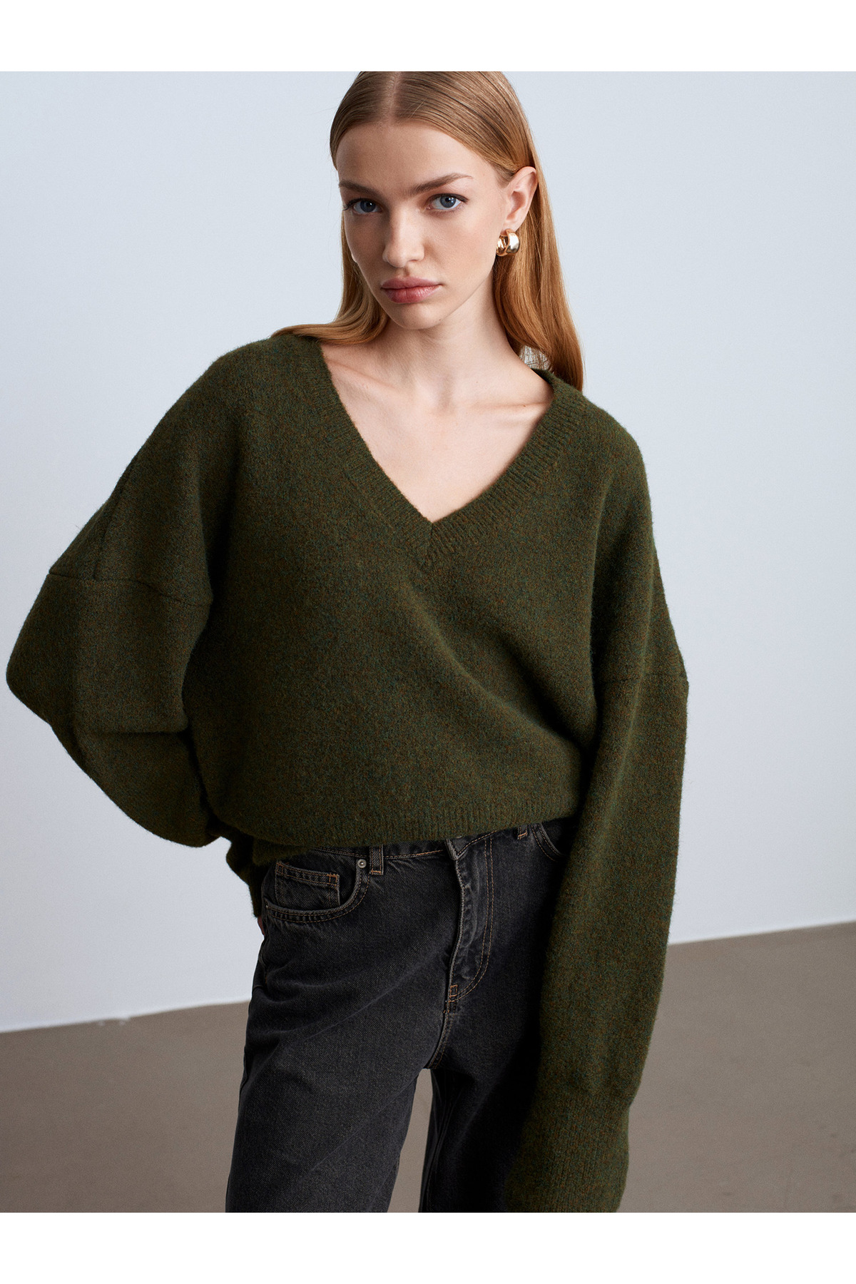 Dilvin  10645 V Yaka Yün Karışımlı Kazak-Haki M. - Görsel 3