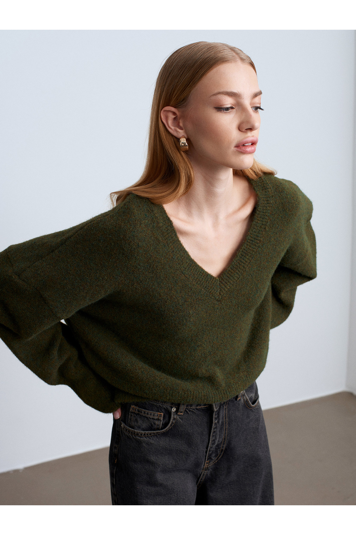 Dilvin  10645 V Yaka Yün Karışımlı Kazak-Haki M.