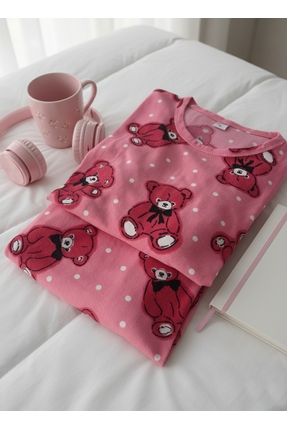 MODA Kadın Pembe Ayıcık Desenli Uzun Kollu Pijama Takımı – Yumuşak Dokulu Ev ...