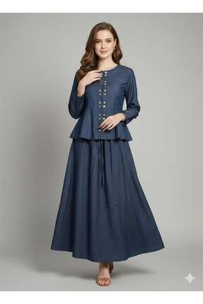 KULVAR TREND 1002 Önü Gold Metal Düğme Detaylı Etekli Kot Takım Koyu Mavi