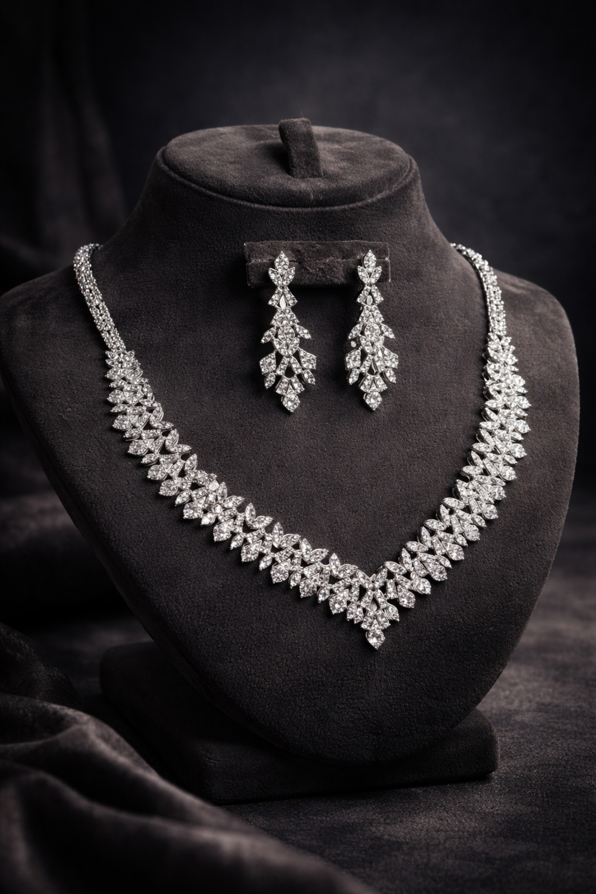 Zircon Waterway Set Rhodium Plated Valentina Model Wedding Set Engagement Set Necklace Earrings Jewelry Set