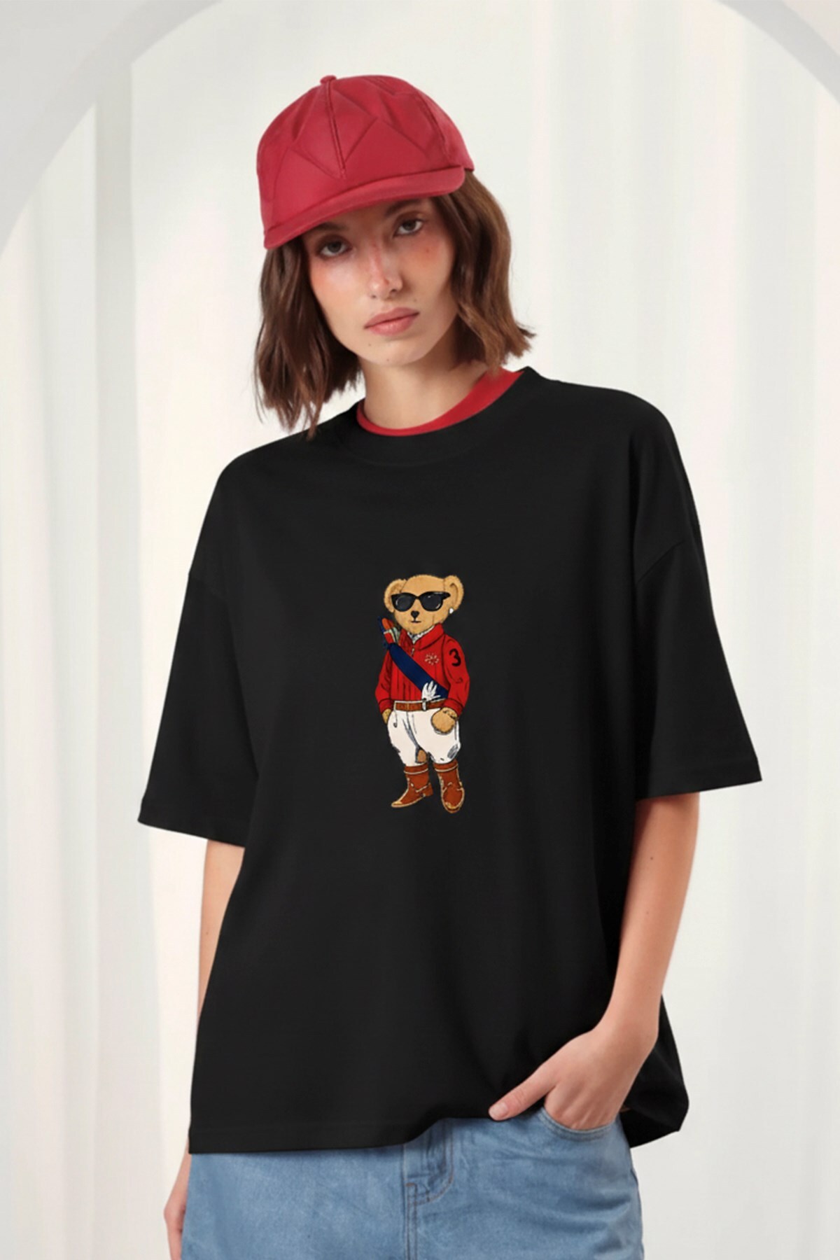 The Champ Clothing Women's Oversize T-Shirt Milo Bear Printed Black – Crew Neck, Comfortable Fit, 100% Cotton
