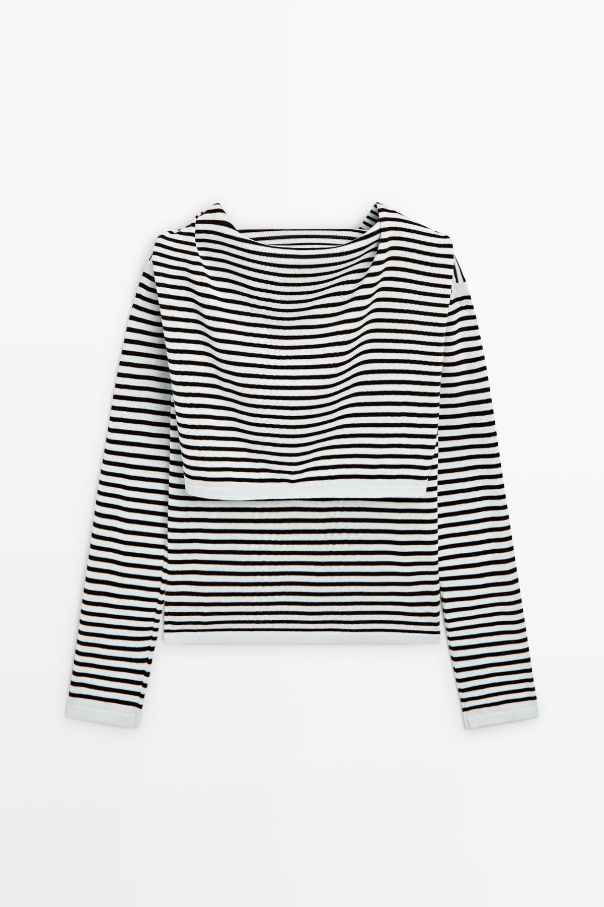 Massimo Dutti  Kolları detaylı çizgili triko kazak - Görsel 8