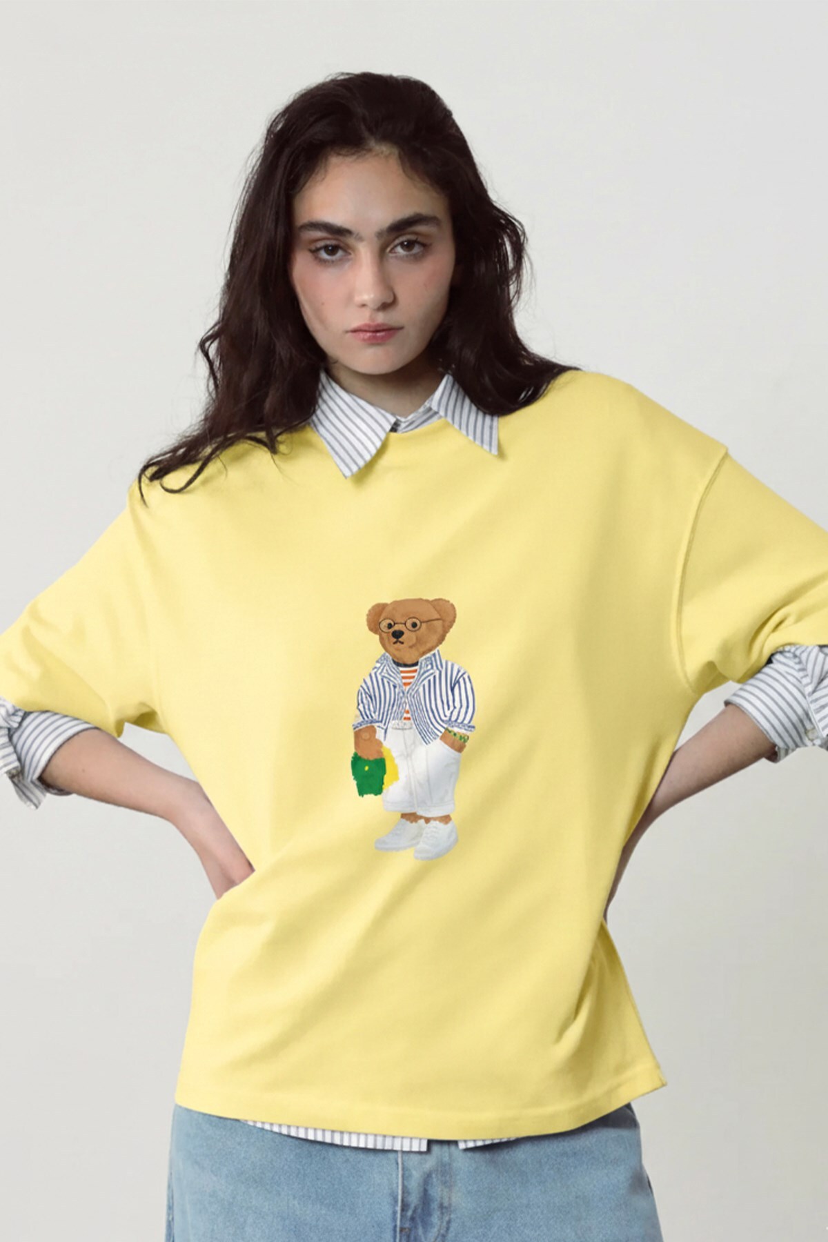 The Champ Clothing Women's Oversize T-Shirt Bambino Bear Printed Yellow – Crew Neck, Comfortable Fit, 100% Cotton