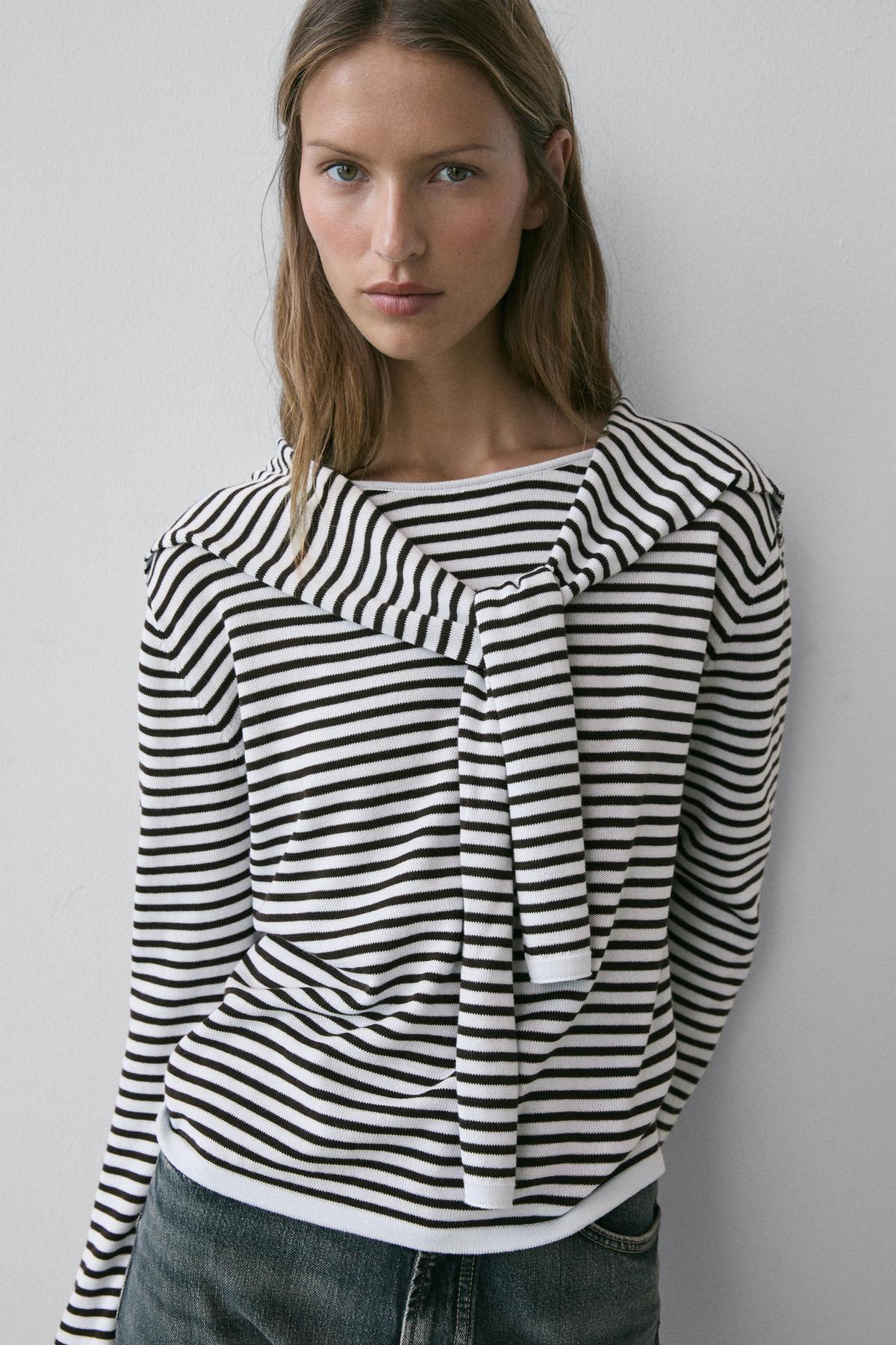 Massimo Dutti  Kolları detaylı çizgili triko kazak - Görsel 2