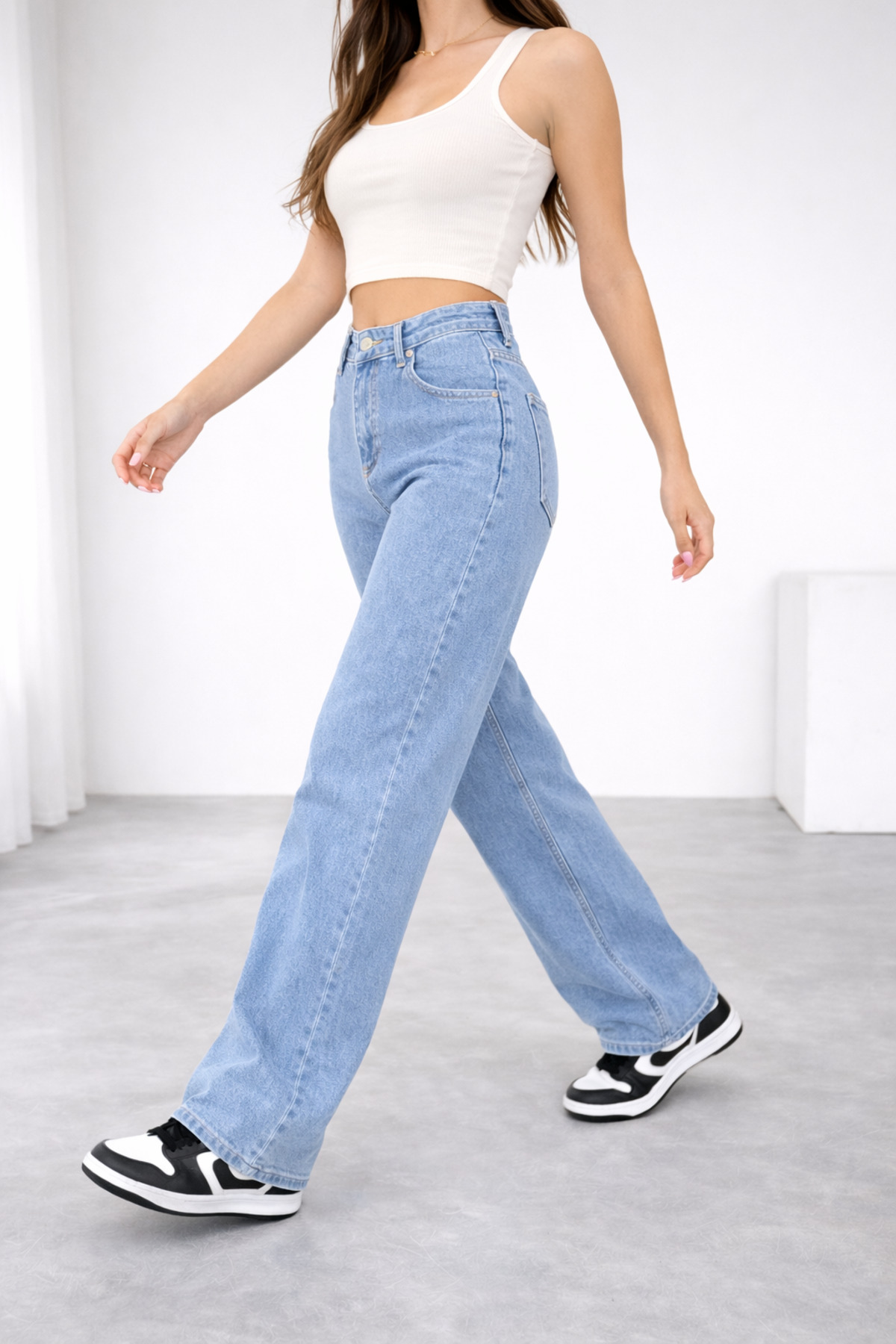 Lighter Jeans  Kadın Mavi Yüksek Bel Likralı Bol Paça Wide Leg Mom Fit Jean Pantolon - Görsel 4