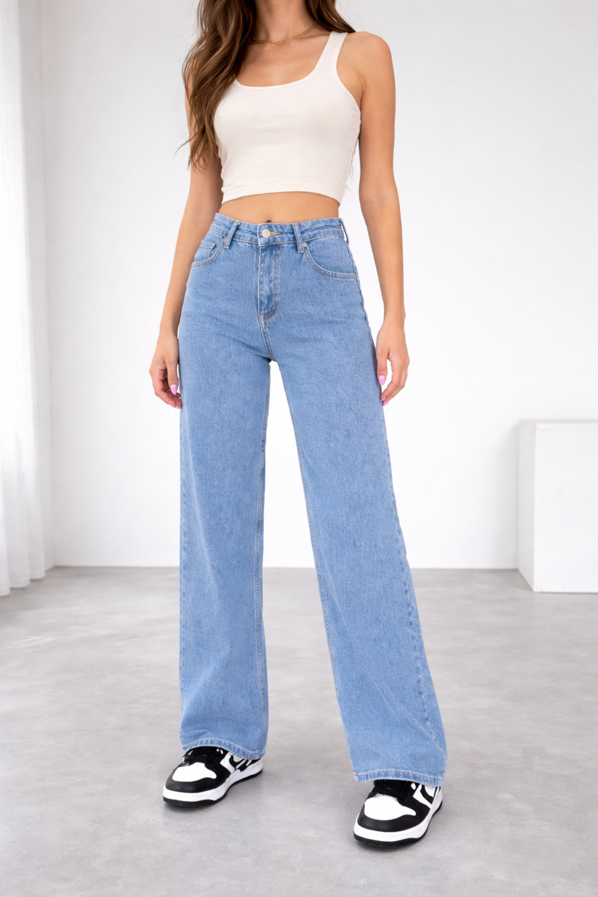 Lighter Jeans  Kadın Mavi Yüksek Bel Likralı Bol Paça Wide Leg Mom Fit Jean Pantolon