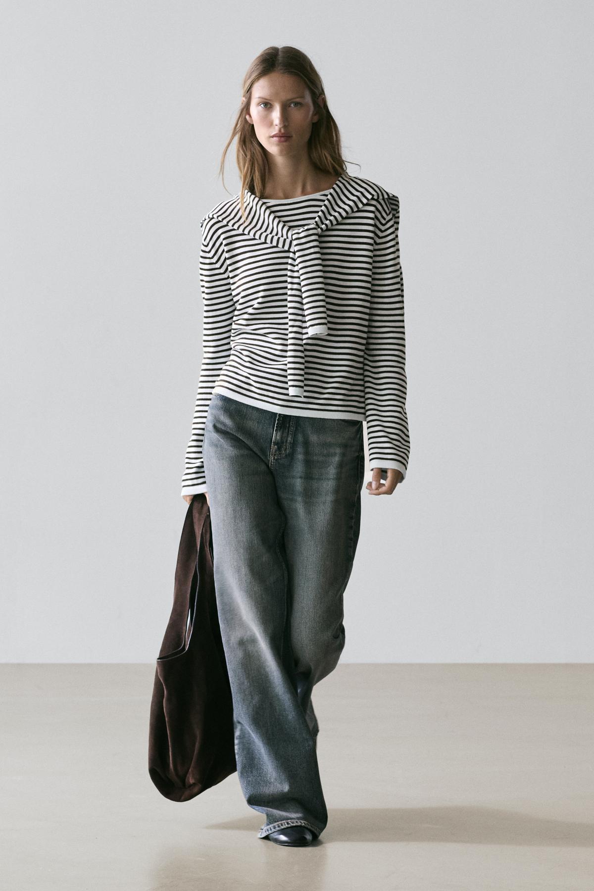 Massimo Dutti  Kolları detaylı çizgili triko kazak