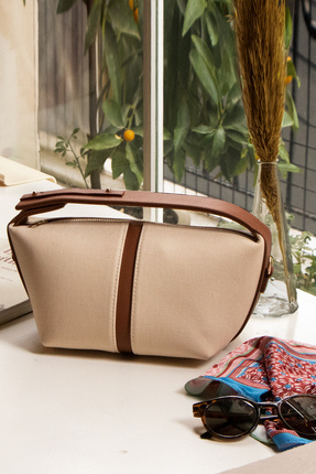 ALURA LUXE Krem Taba Detaylı Şeritli Canvas El ve Omuz Çantası-Charm Çanta-Ki...