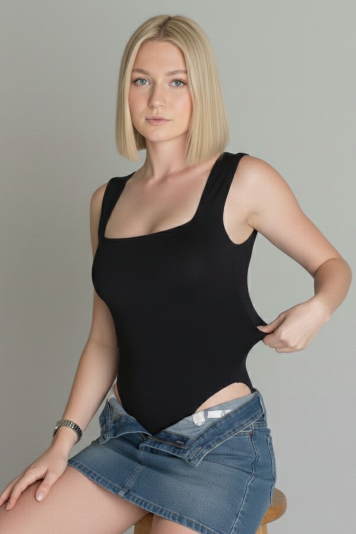 Women's Lined Zero Sleeve Square Neck Neckline Sandy Fabric Snap Fastener Bodysuit Blouse Body