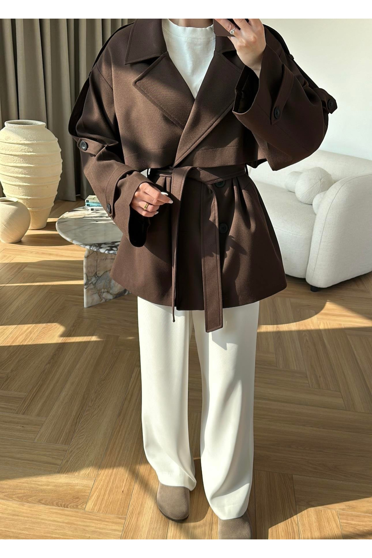 My Blog Kahverengi Oversize Düşük Omuz Kısa Trenç - 9580 görsel 2