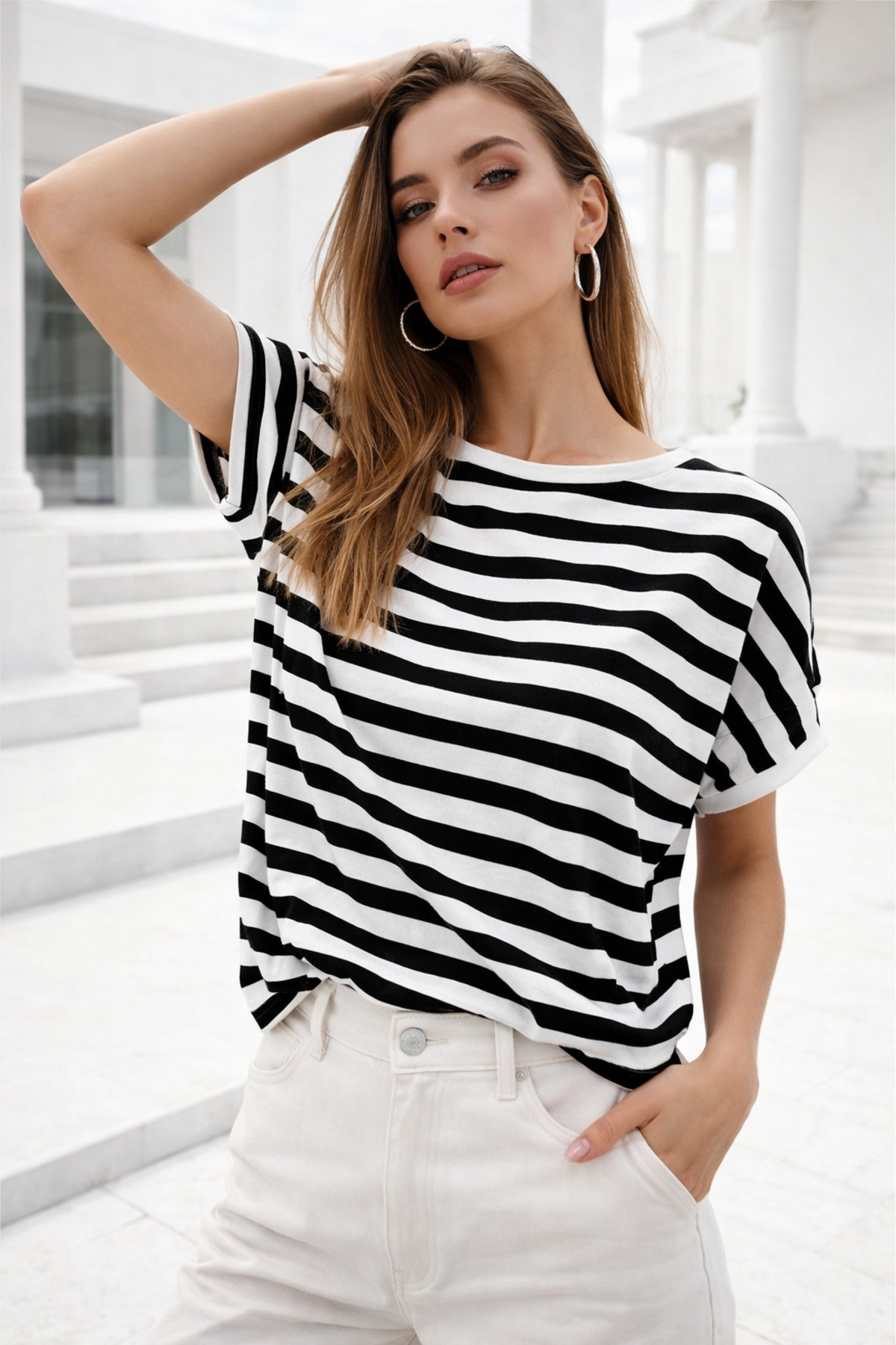 Rich  Kadın Siyah Beyaz Çizgili Yarasa Kol T-Shirt | Şık Basic Tişört - Görsel 3