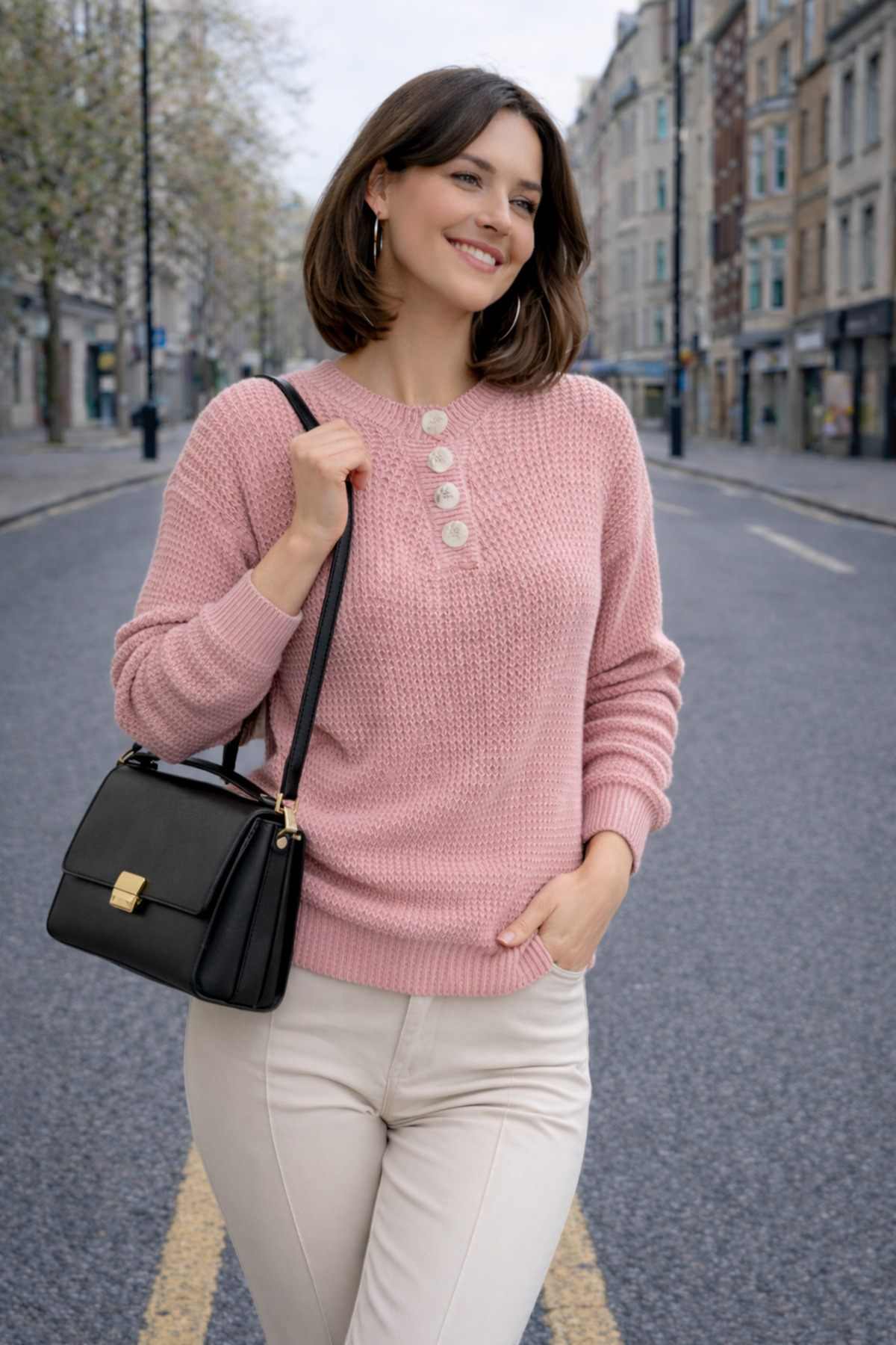 AQE FASHION  Kadın Triko Kazak Pudra Düğmeli Bisiklet Yaka Basic Uzun Kollu Kışlık Şık Yumuşak Dokulu - Görsel 6