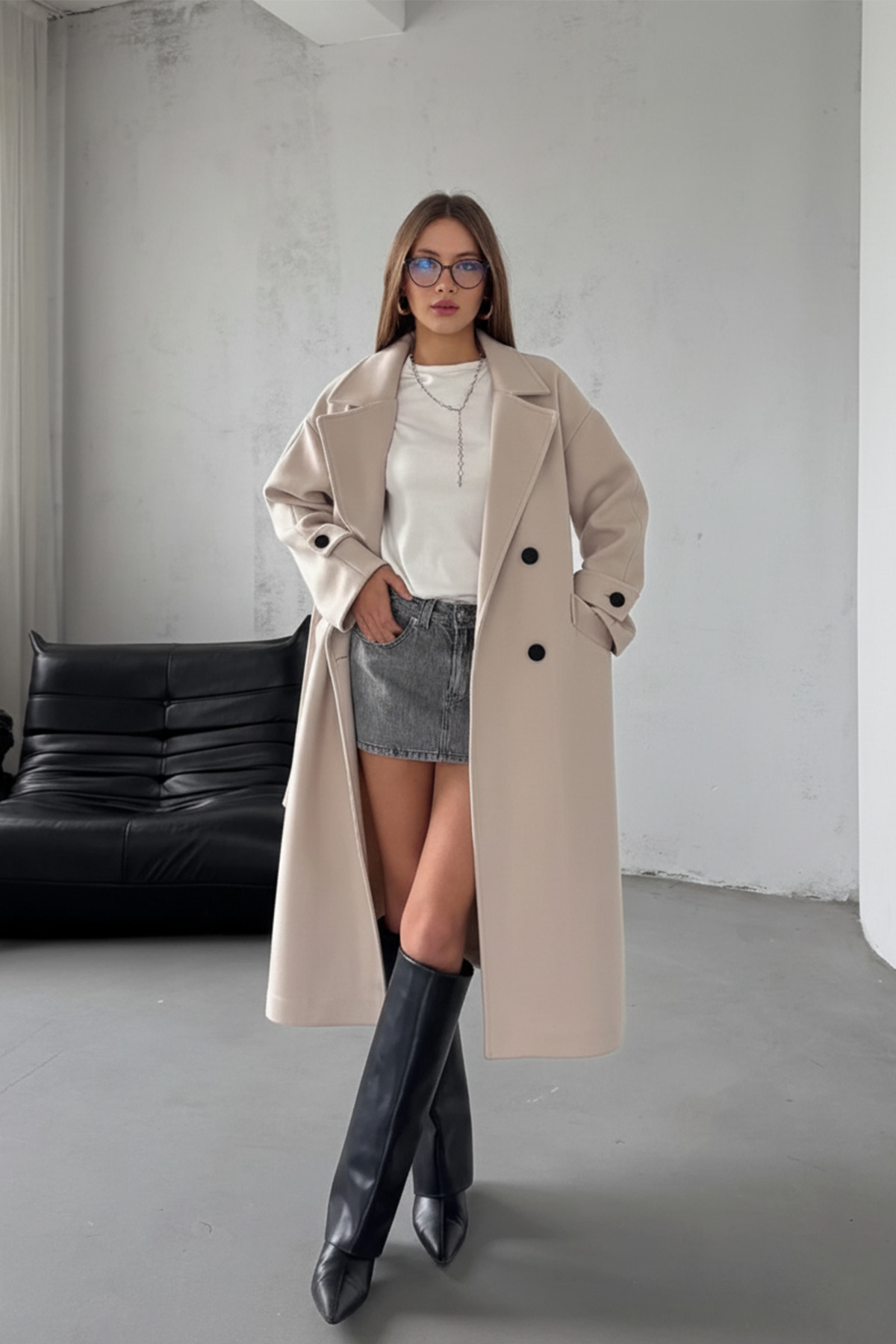 NET OF NOT  Açık Bej Kuşaklı Yeni Sezon Astarlı Premium Kalite Rahat Kalıp Kadın Kaşe Kaban Mont - Görsel 2