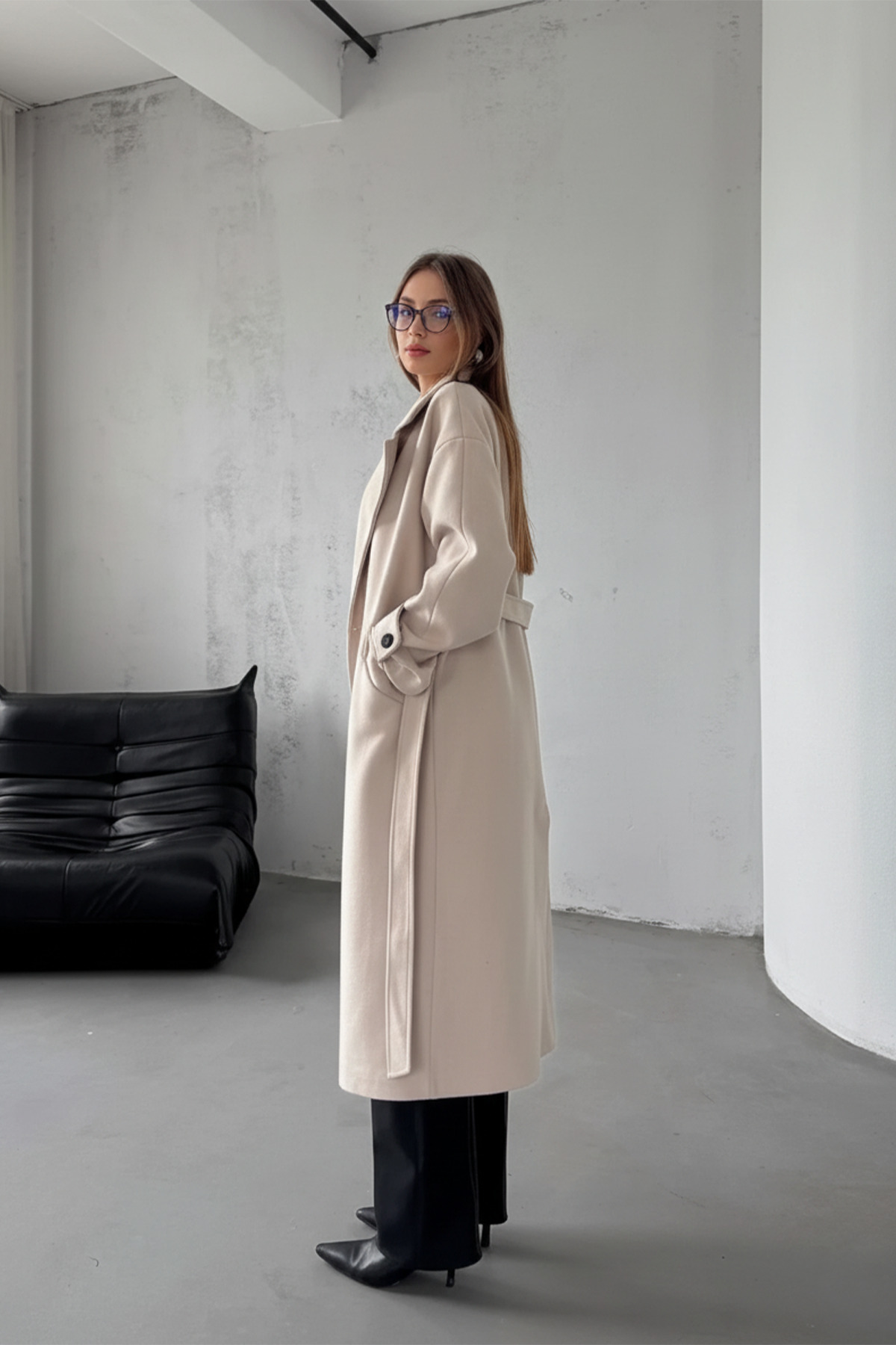 NET OF NOT  Açık Bej Kuşaklı Yeni Sezon Astarlı Premium Kalite Rahat Kalıp Kadın Kaşe Kaban Mont - Görsel 5