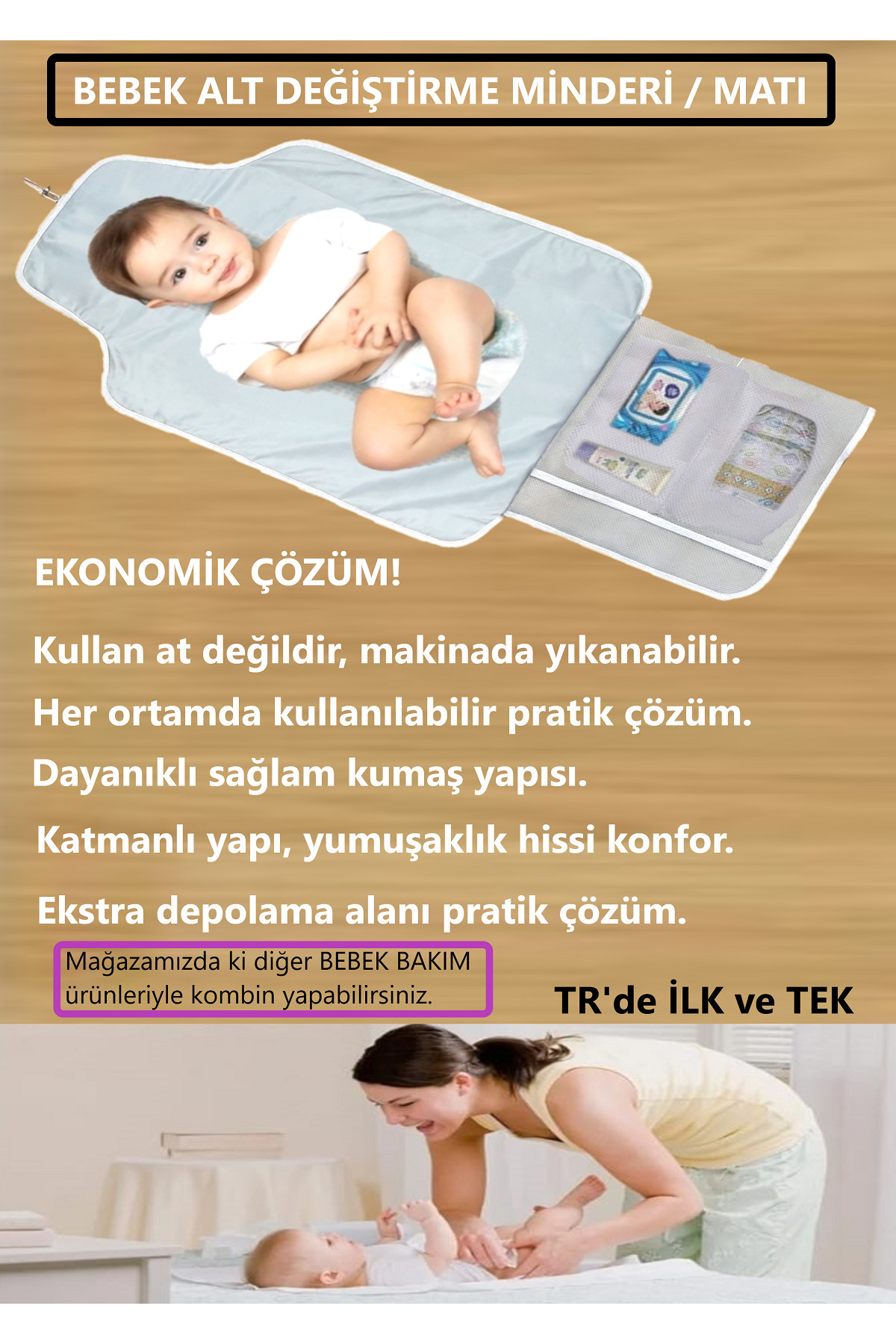 ALİTA TEXTILE Bebek Bakım Örtüsü, Bebek Alt Açma Minderi, File Çanta Bölmeli, Alt Değiştirme Matı, Sıvı geçirmez fotoğrafı 2 (önizleme)