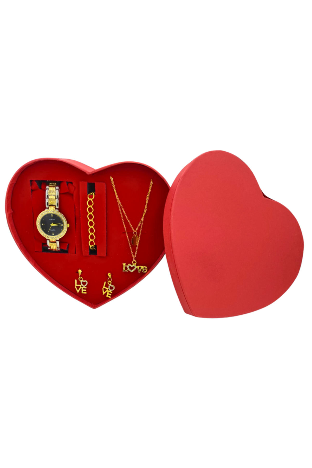 Siyah Taşlı Kadın Saat Takı Seti LOVE Kolye Küpe Bileklik Kalp Kutulu