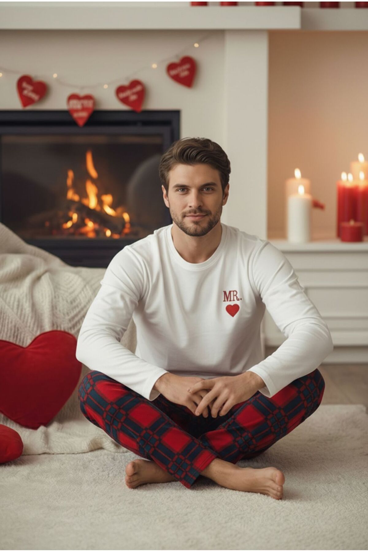 Sude HOMEWEAR SUDE ERKEK kalpli kırmızı ekose desenli Sevgililer günü Valentine's Day Temalı Örme Pijama Takım