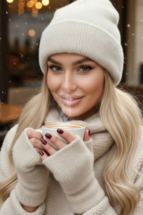 Ritagarcia Kadın Peluş Tüylü Fitilli Bere ve Parmaksız Eldiven Seti