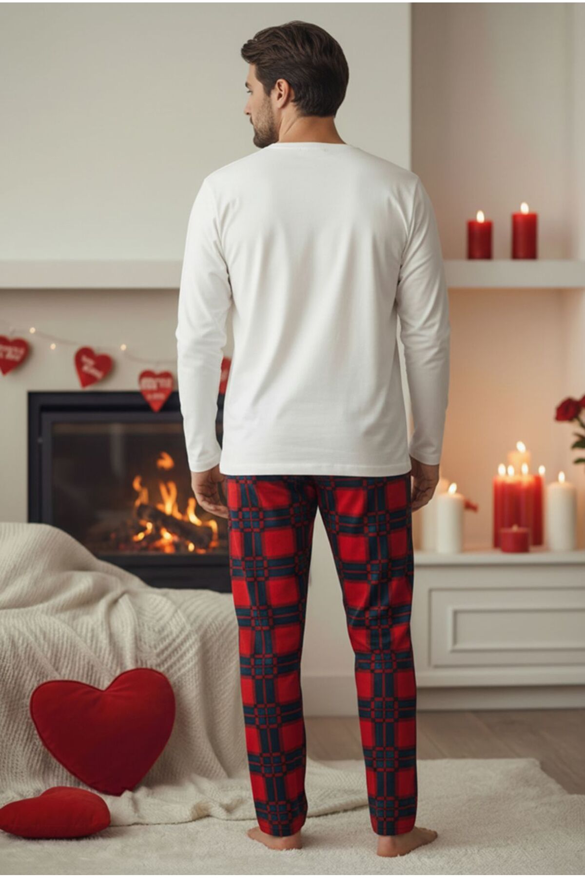 Sude HOMEWEAR SUDE ERKEK kalpli kırmızı ekose desenli Sevgililer günü Valentine's Day Temalı Örme Pijama Takım görsel 2