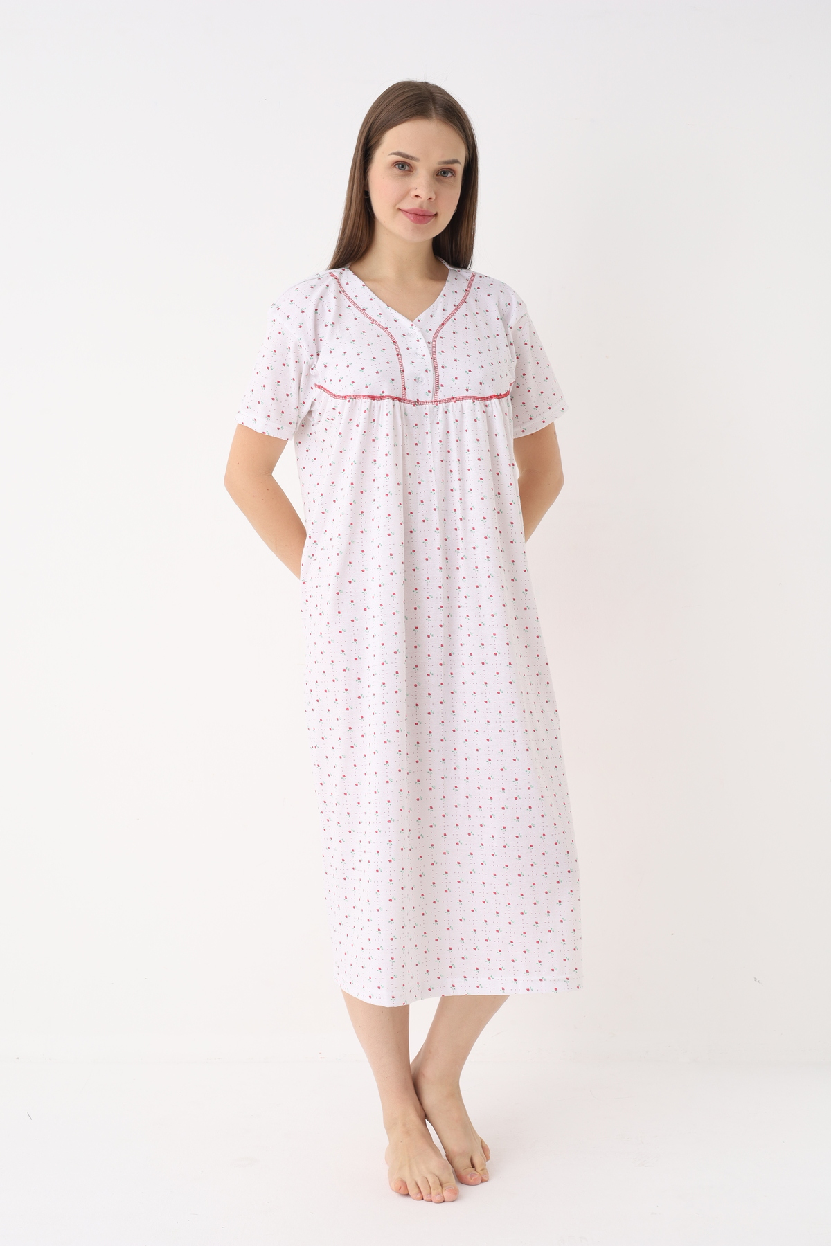 YASAR UNDERWEAR Kadın Pamuklu Kısa Kollu Desenli Uzun Boy Gecelik