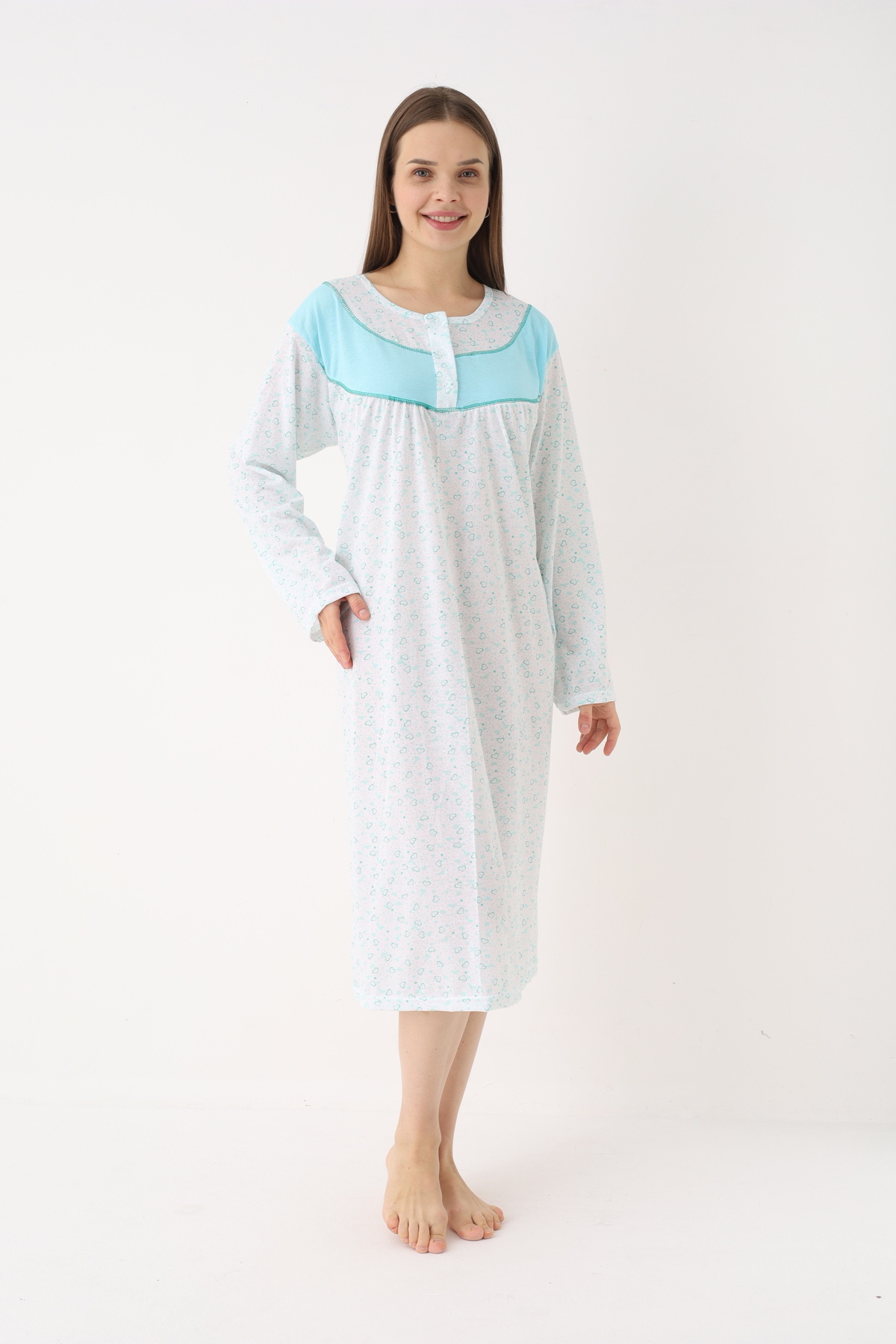 YASAR UNDERWEAR Kadın Pamuklu Uzun Kollu Desenli Düğmeli Uzun Boy Gecelik