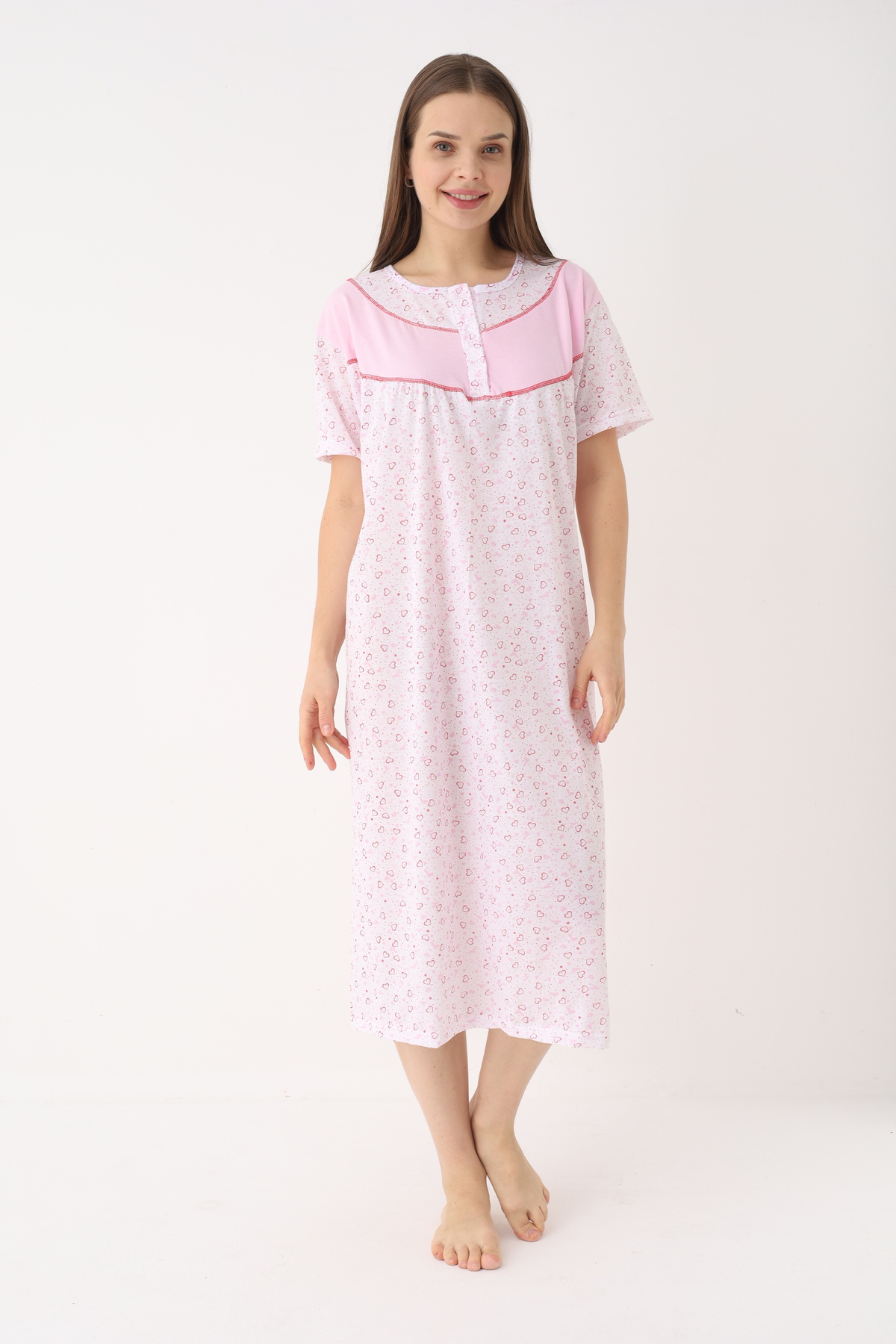 YASAR UNDERWEAR Kadın Pamuklu Kısa Kollu Desenli Düğmeli Uzun Gecelik