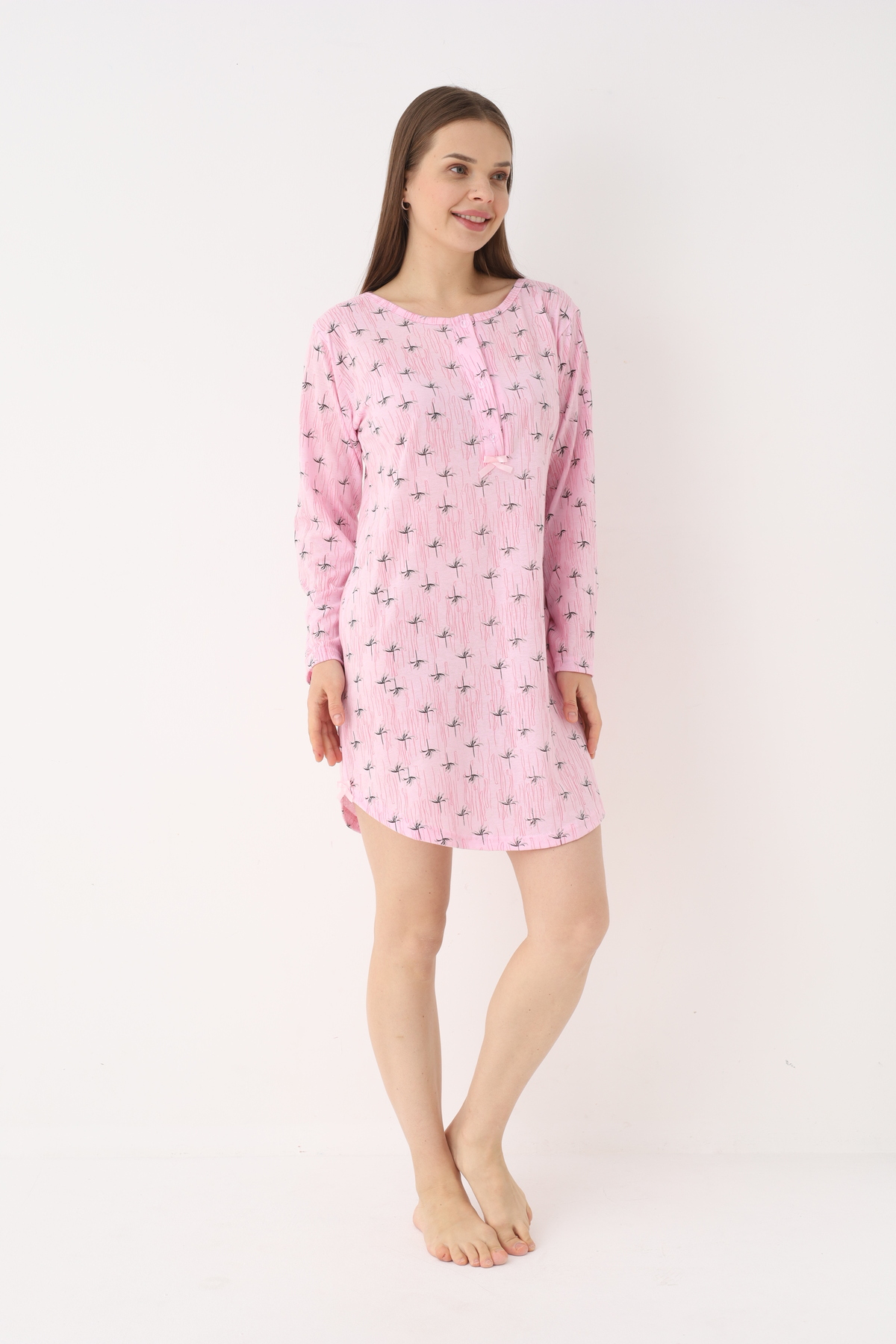 YASAR UNDERWEAR Kadın %100 Pamuk Desenli Uzun Kollu Yarım Pat Düğmeli Rahat Kesim Gecelik